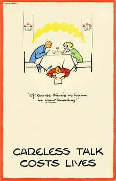 Poster originale d'epoca della seconda guerra mondiale Le chiacchiere incaute costano vite, non danneggiano Hitler Fougasse