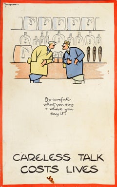 Affiche vintage d'origine de la Seconde Guerre mondiale - « Careless Talk Costs Lives » - Pub Fougasse Hitler