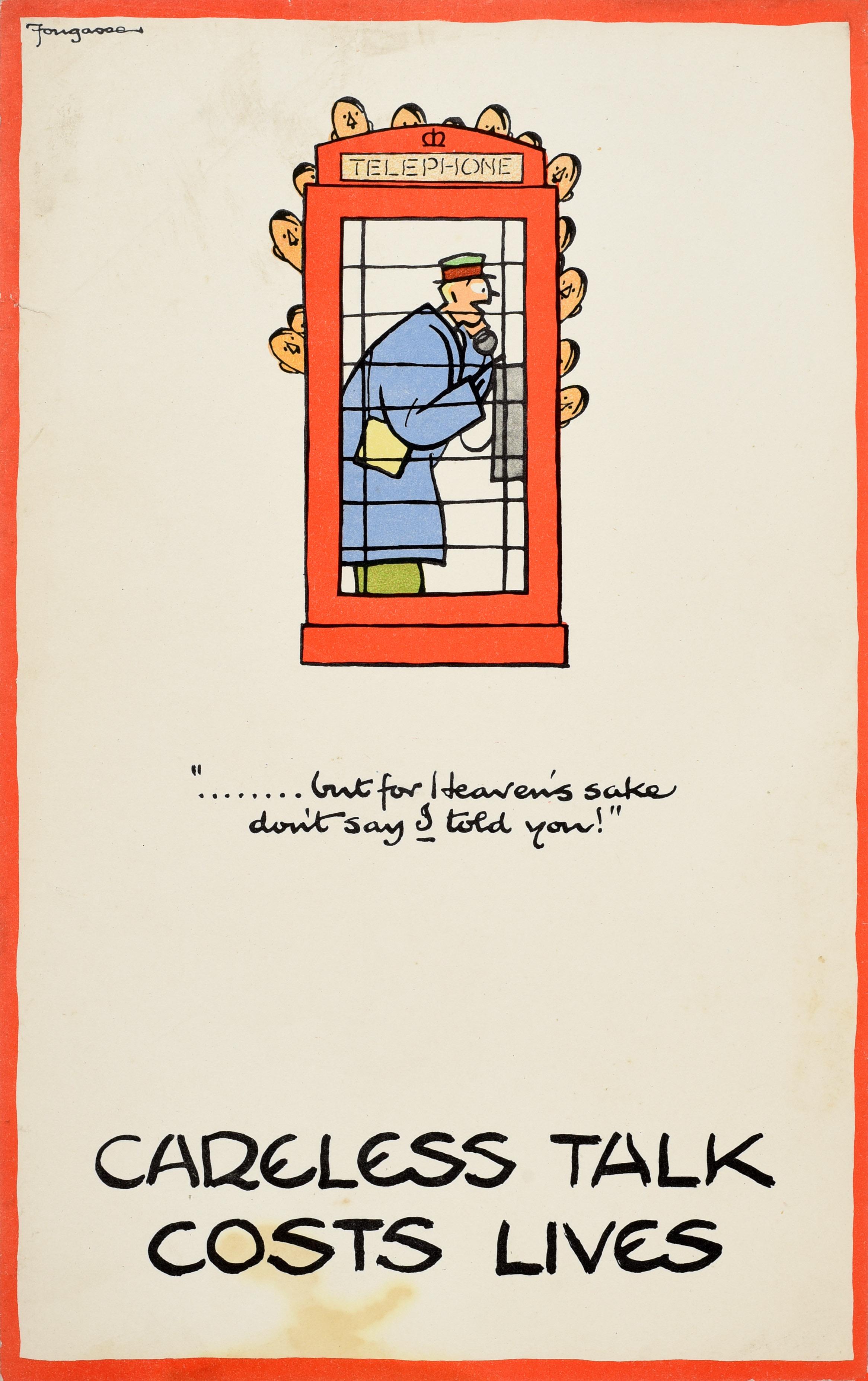 Fougasse (Cyril Kenneth Bird) Print – Original-Vintage-Poster, „ Careless Talk Costs Lives“, Telefonkasten, Fougasse, Zweiter Weltkrieg