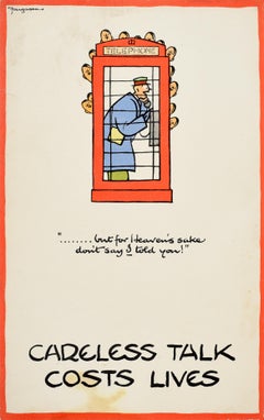 Affiche rétro originale de la Seconde Guerre mondiale - « Careless Talk Costs Lives » - Boîte de téléphone Fougasse