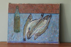 Peinture à l'huile vintage de poissons français sur toile tendue, sardines, maquereau