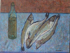 Peinture à l'huile vintage de poissons français sur toile tendue, sardines, maquereau