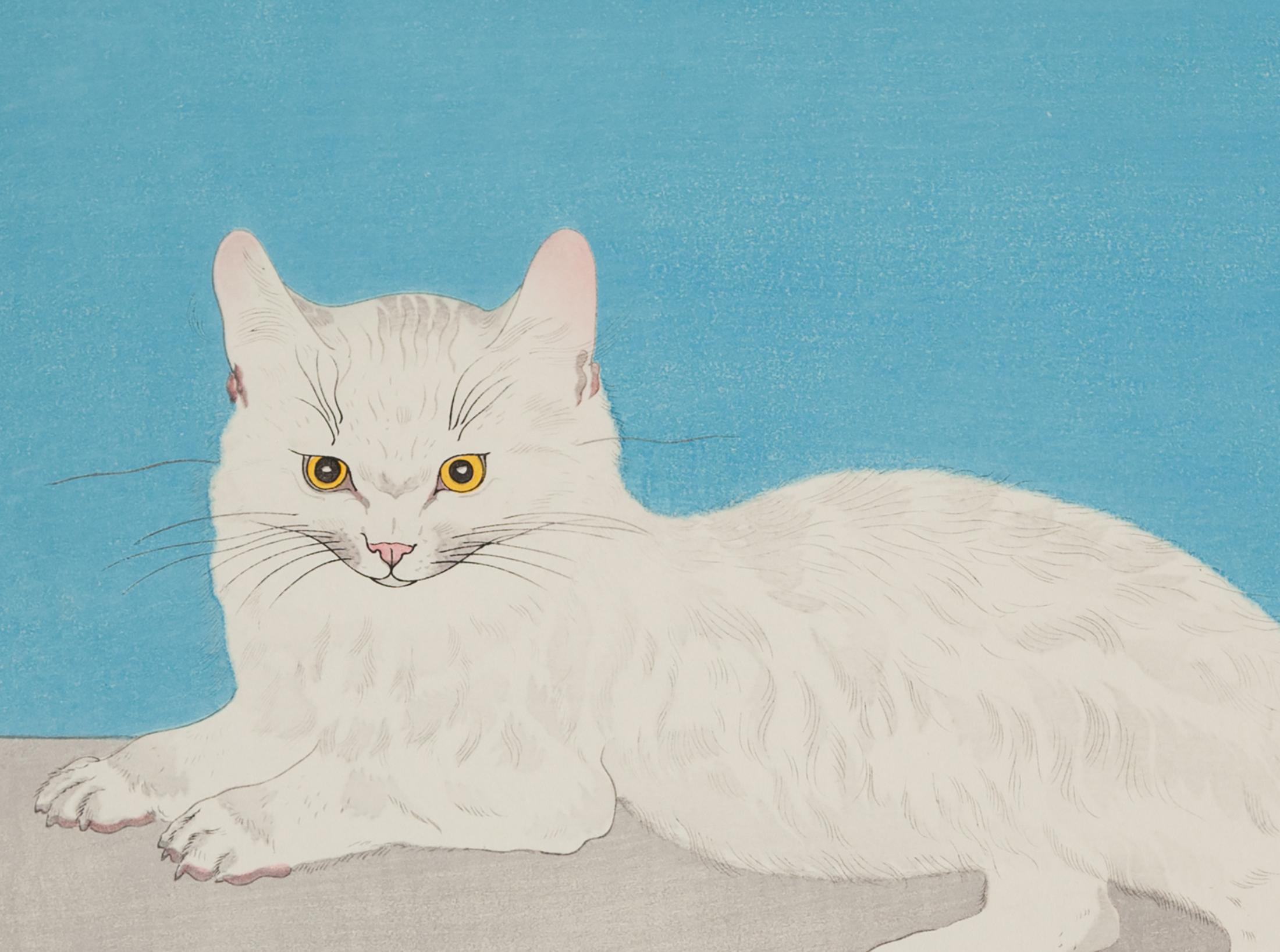 French Foujita, Persian White Cat, Original Woodblock Print, Early 20th Century Art