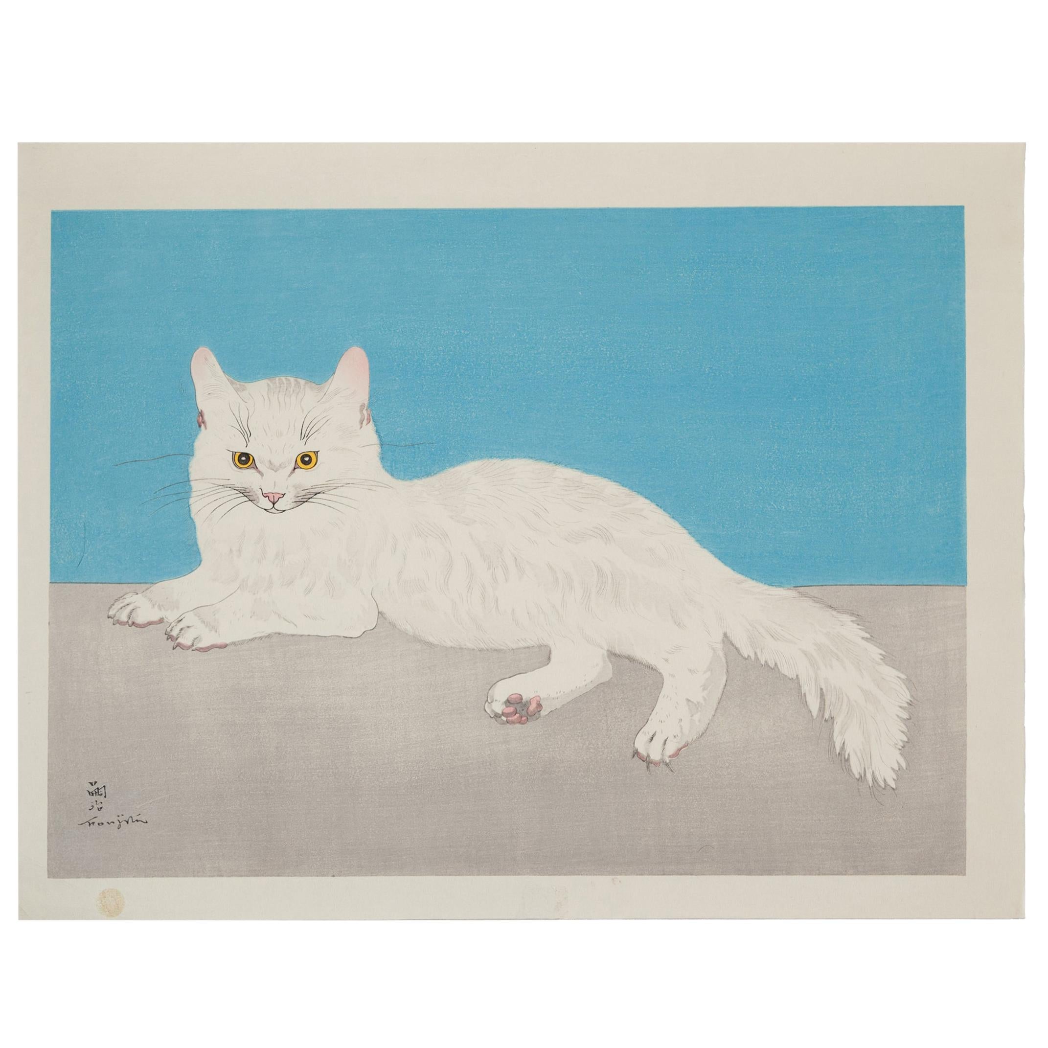 Foujita, Persian White Cat, Original Woodblock Print, Early 20th Century Art