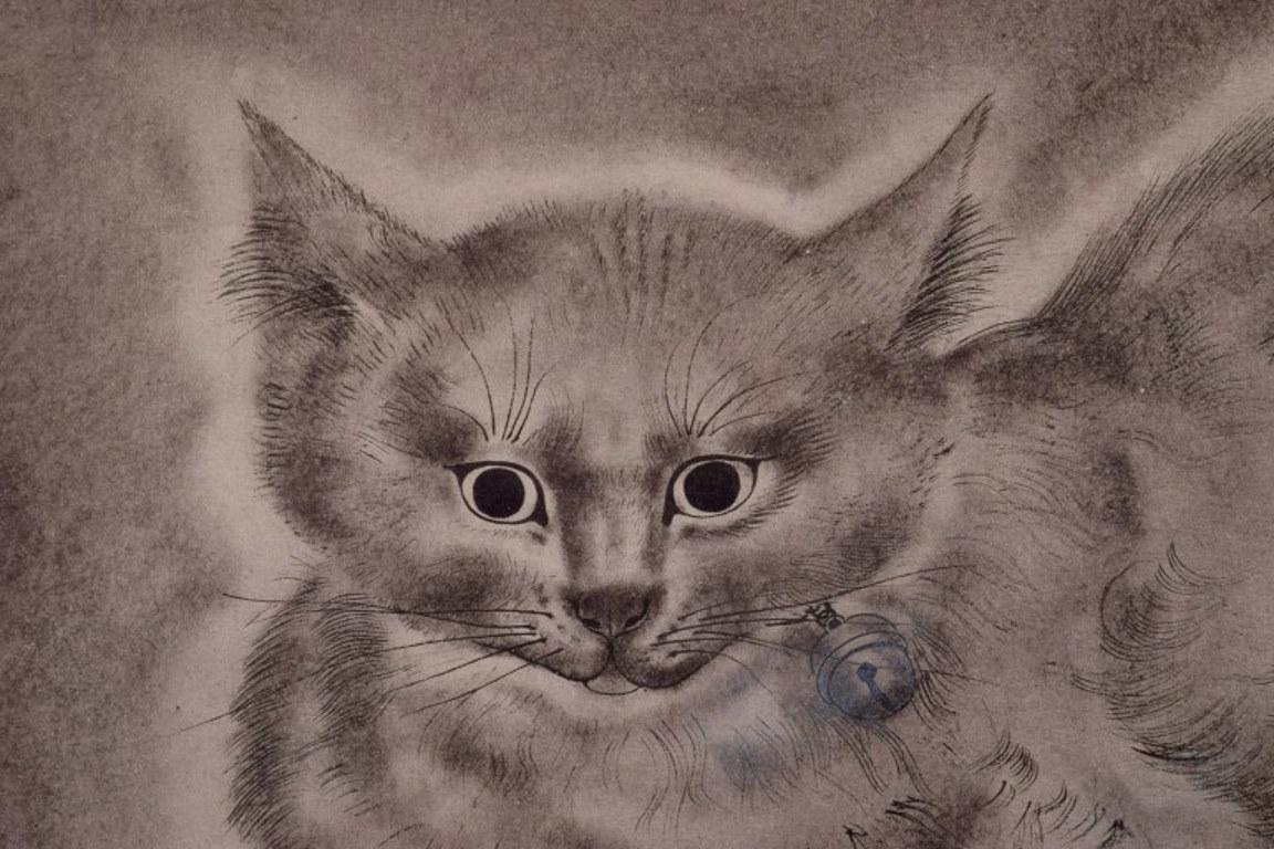 French Foujita Tsuguhanu (1886-1968). Etching on paper. Trial proof. Portrait of a cat For Sale