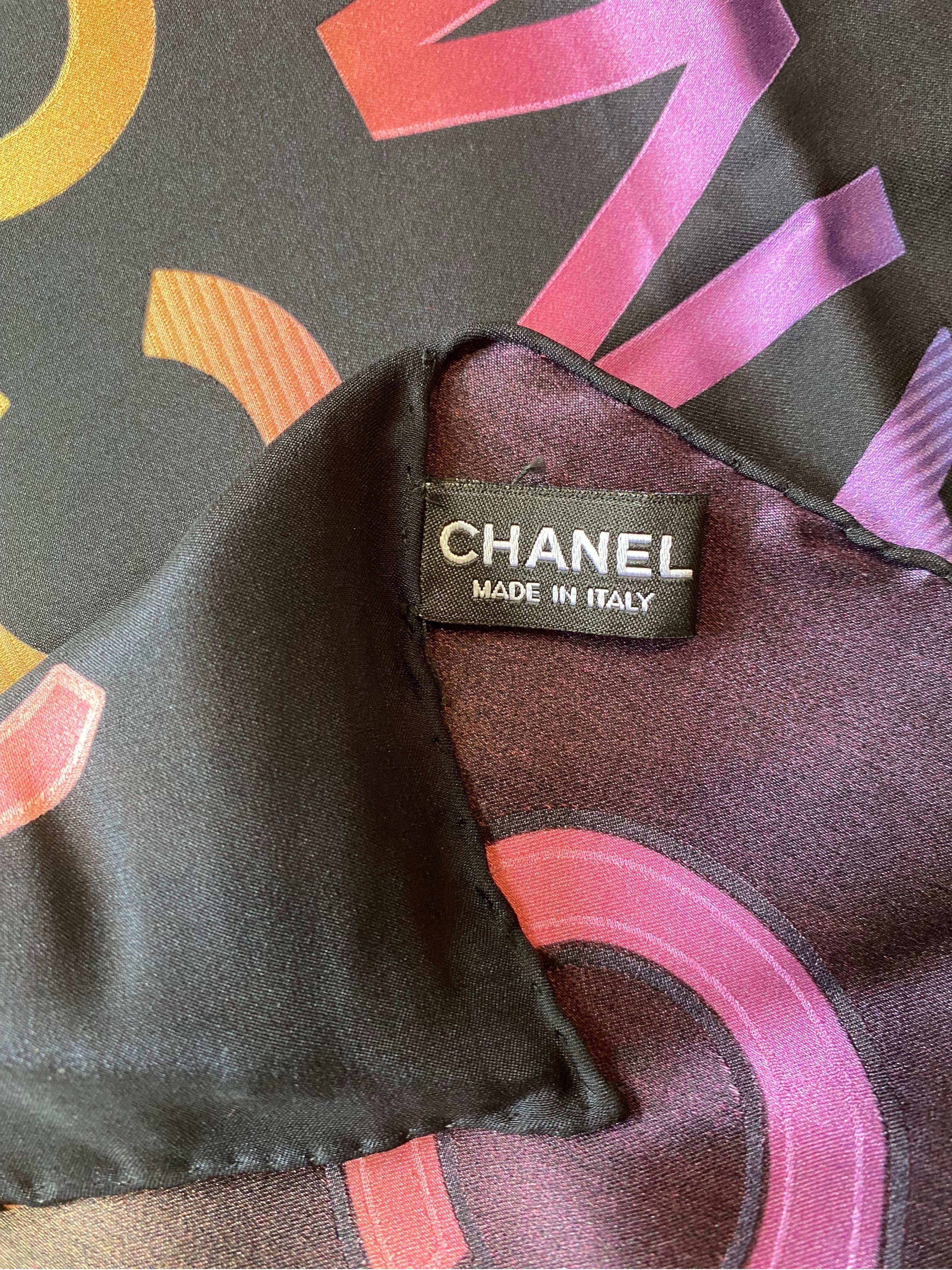 Black Foulard carrè Chanel Cambon neon For Sale