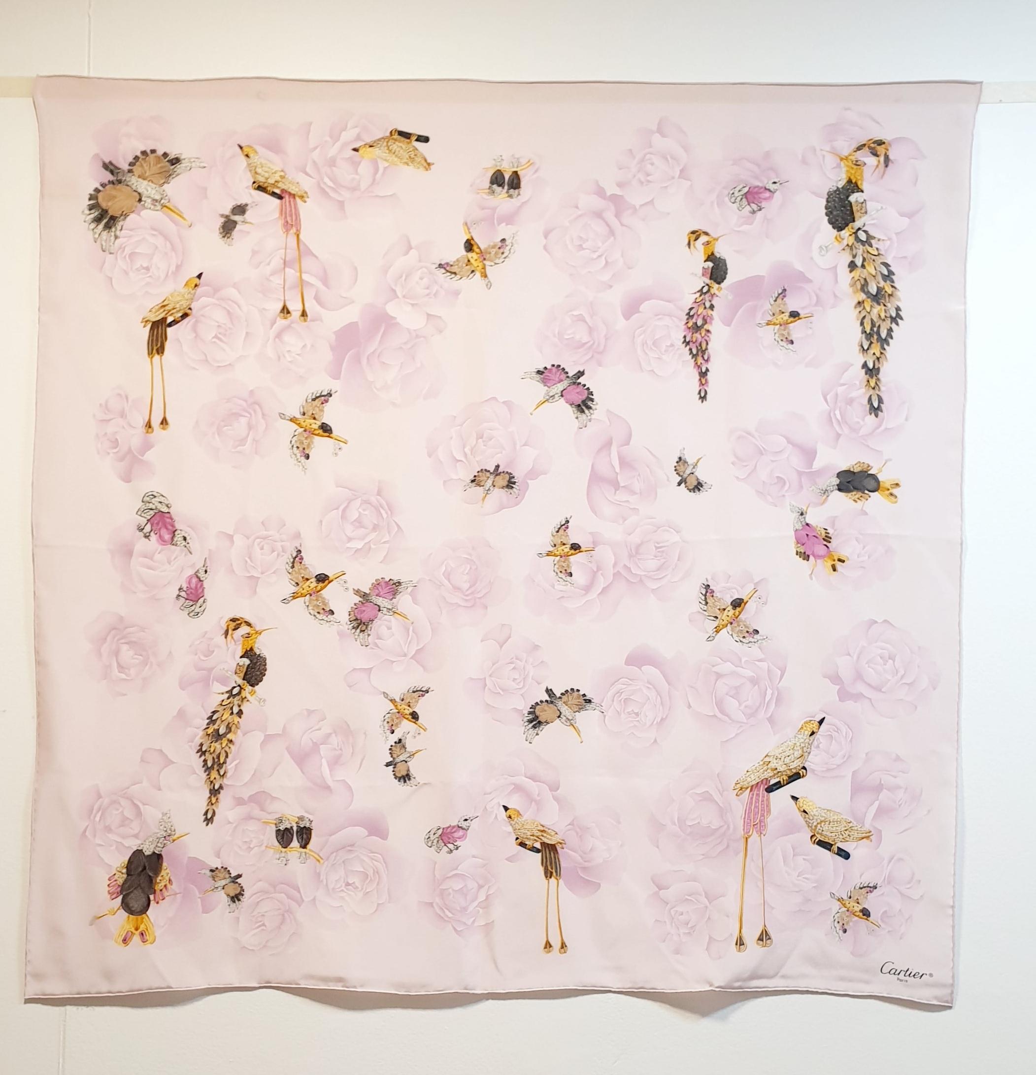 New Cartier silk salmon scarf with Flora & Fauna birds designed  In New Condition For Sale In  Bilbao, ES