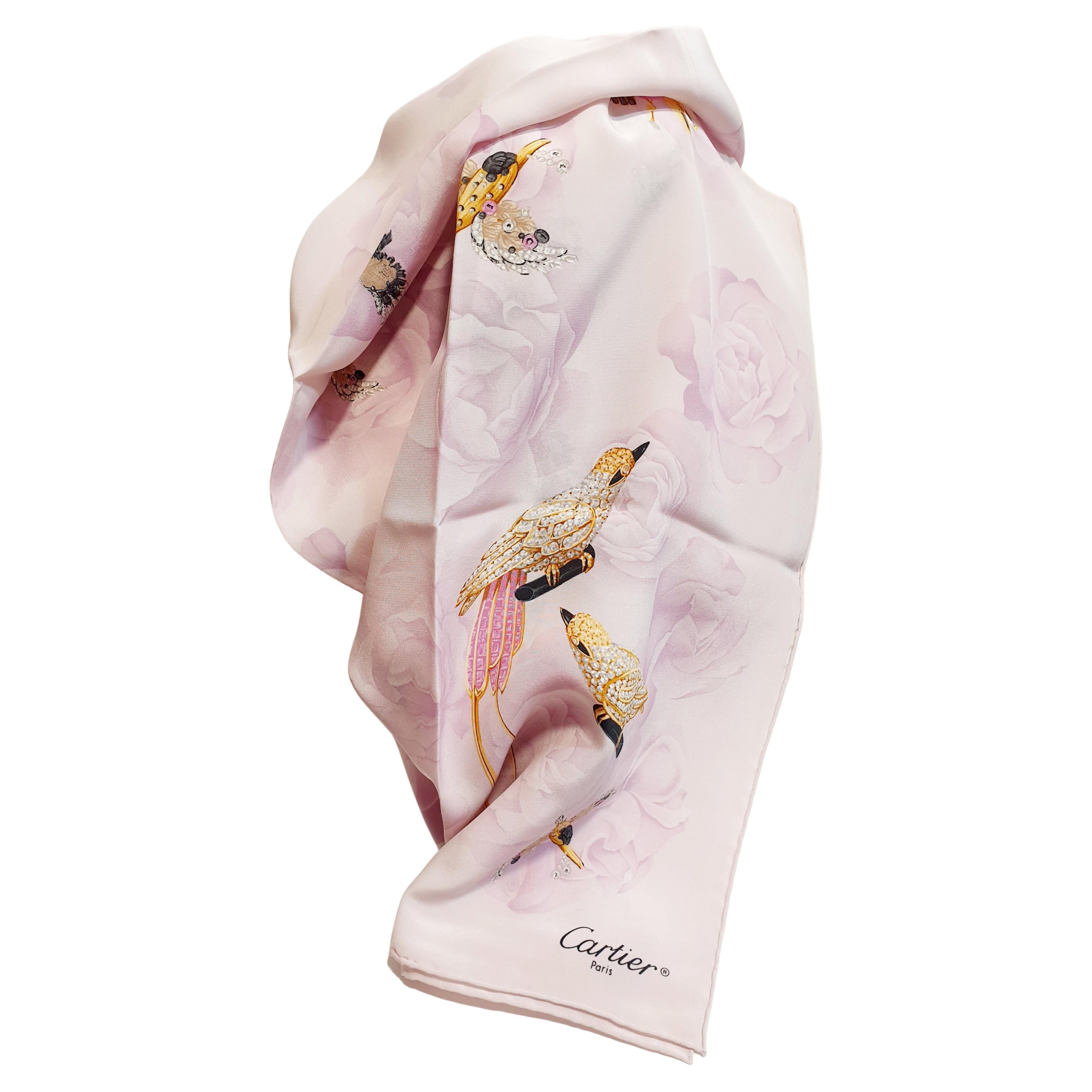 Women's New Cartier silk salmon scarf with Flora & Fauna birds designed  For Sale