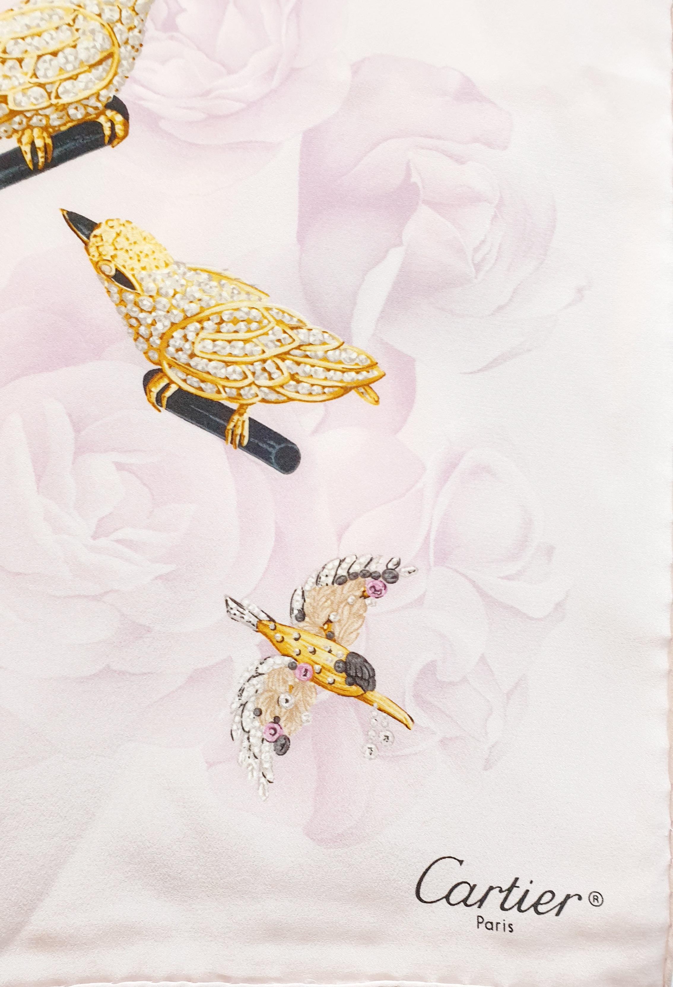 New Cartier silk salmon scarf with Flora & Fauna birds designed  For Sale 2