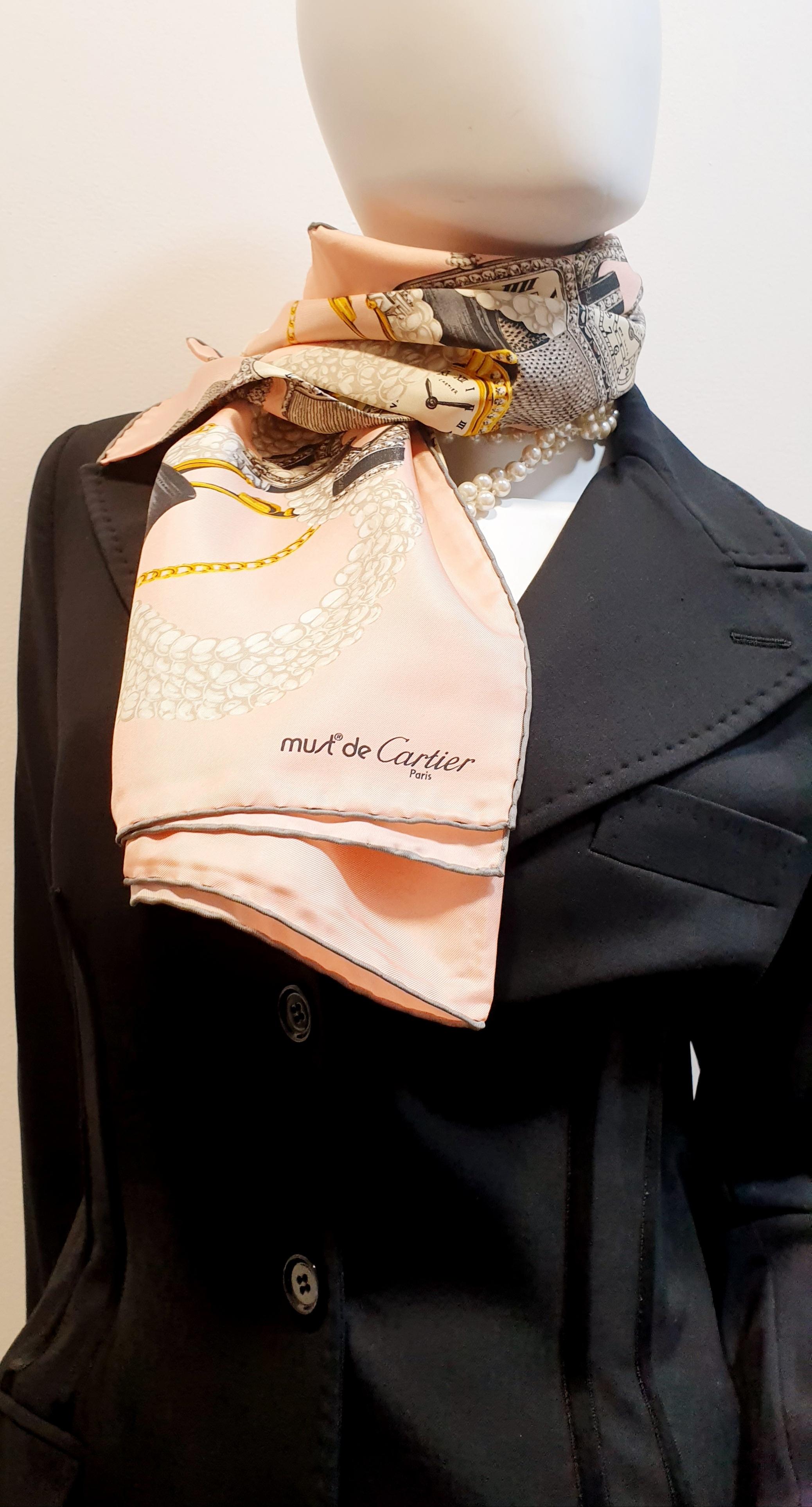 New Le must de Cartier silk salmon scarf with precious watches designed  1