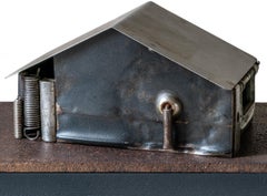 Found and Salvaged Steel House Structure on a Reclaimed Steel Plate, Wooden Base