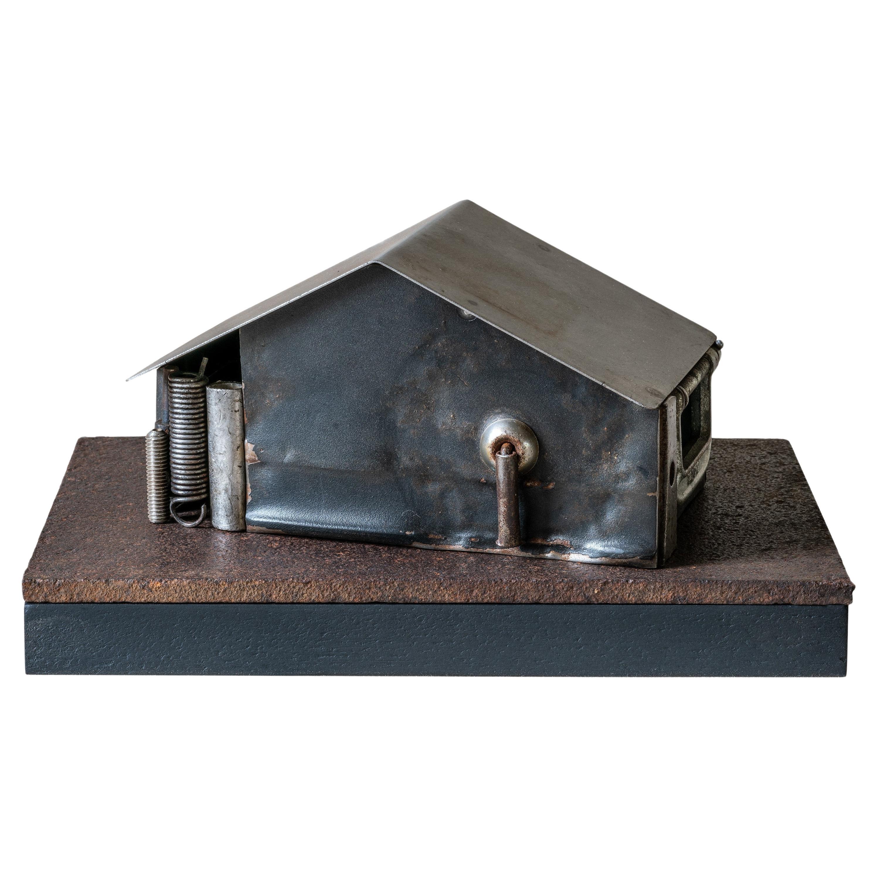 Found and Salvaged Steel House Structure on a Reclaimed Steel Plate, Wooden Base For Sale