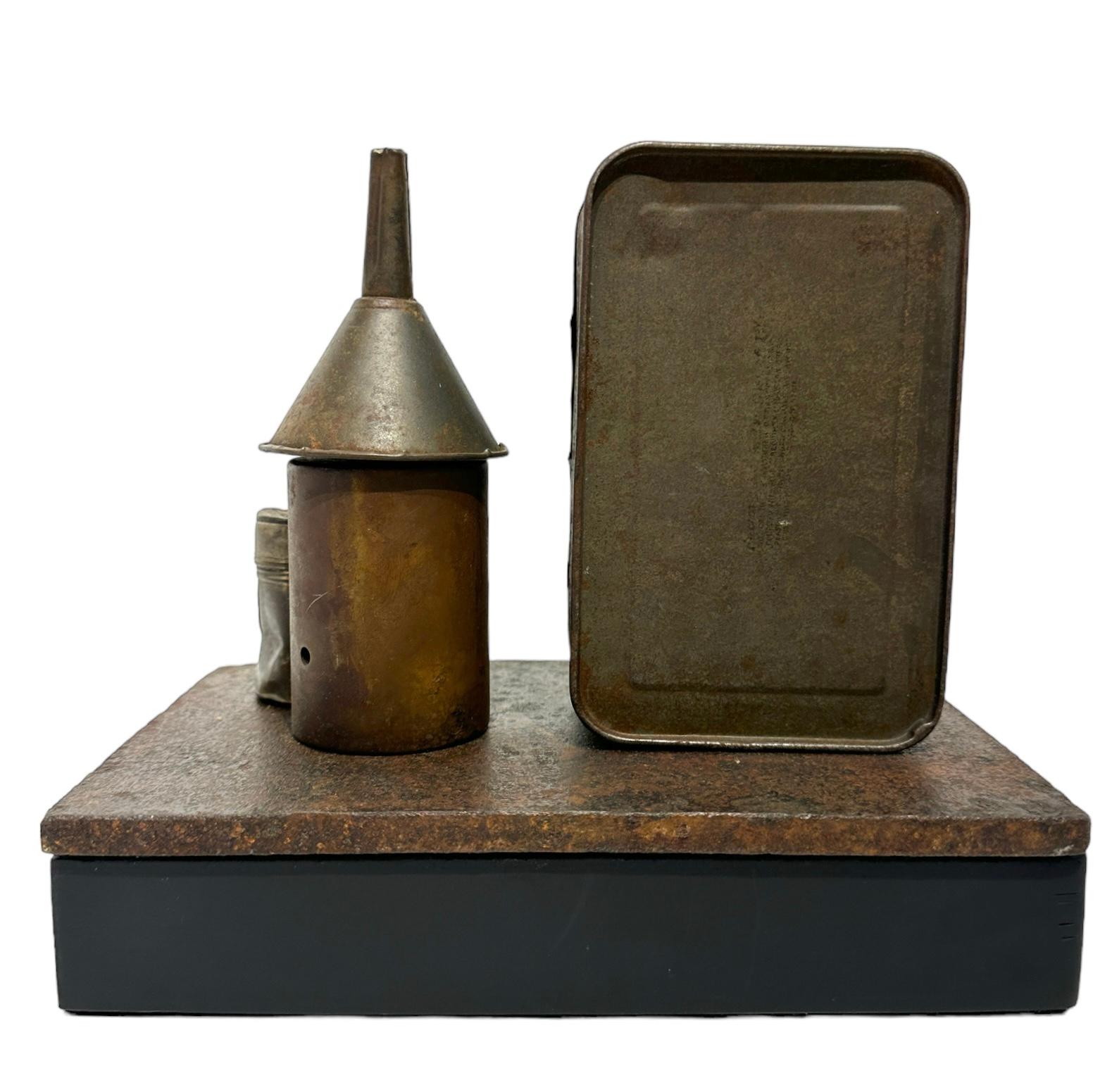 Welded Found and Salvaged Steel Industrial Objects on Wooden Base For Sale