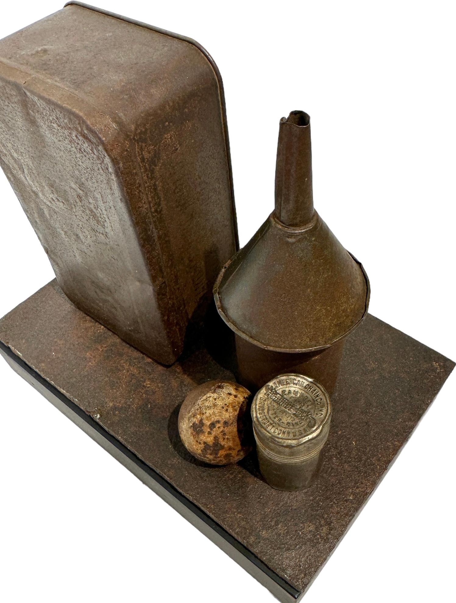 Contemporary Found and Salvaged Steel Industrial Objects on Wooden Base For Sale