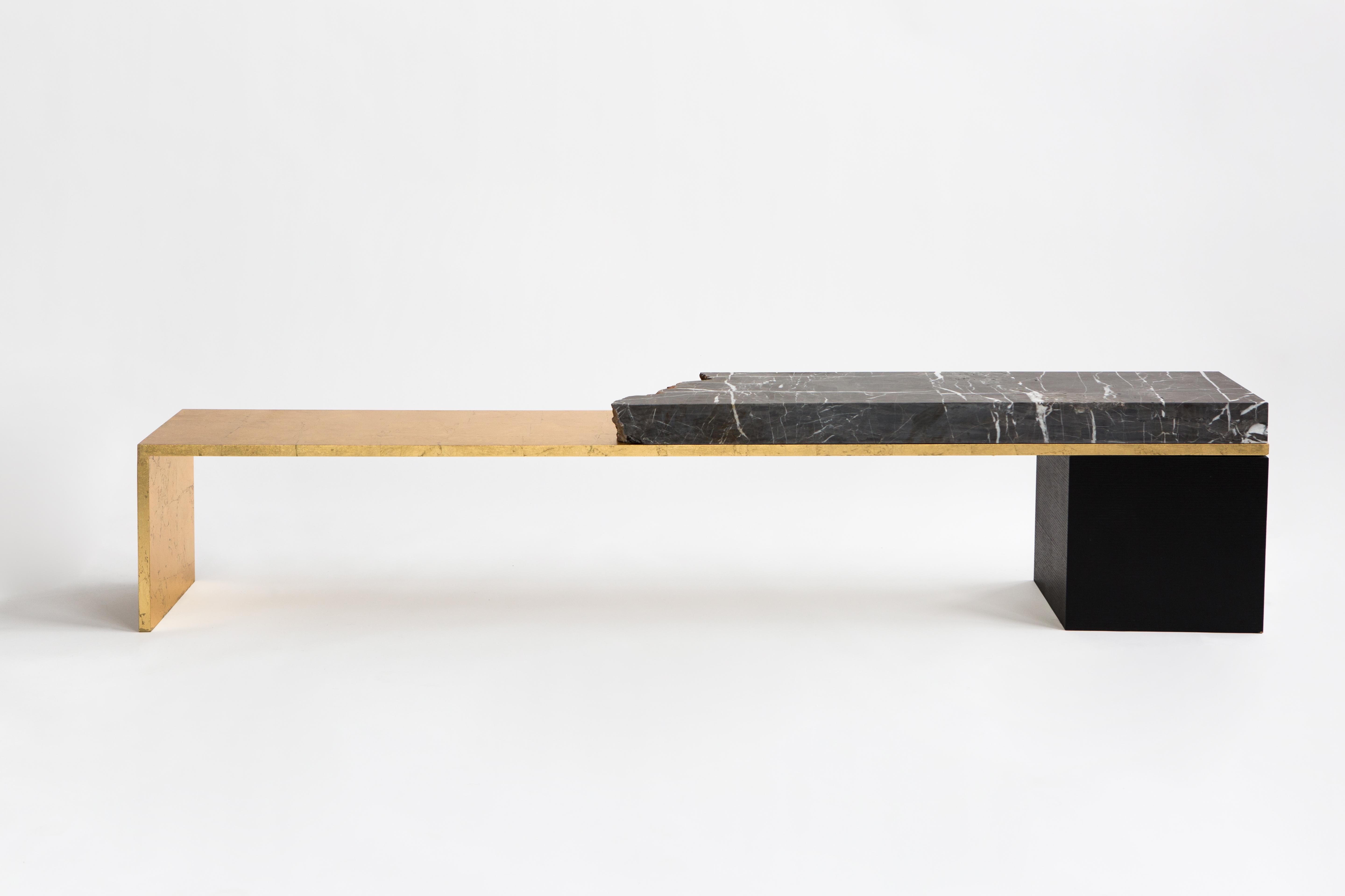 Found I Bench No.1 by A Space
Dimensions: D187 x W33 x H30 cm
Materials: Marble, steel, gold leaf, oak.
Wood finishes Available.

FOUND I collection centers around the power of the medium to dictate the final form that art objects take. Each
