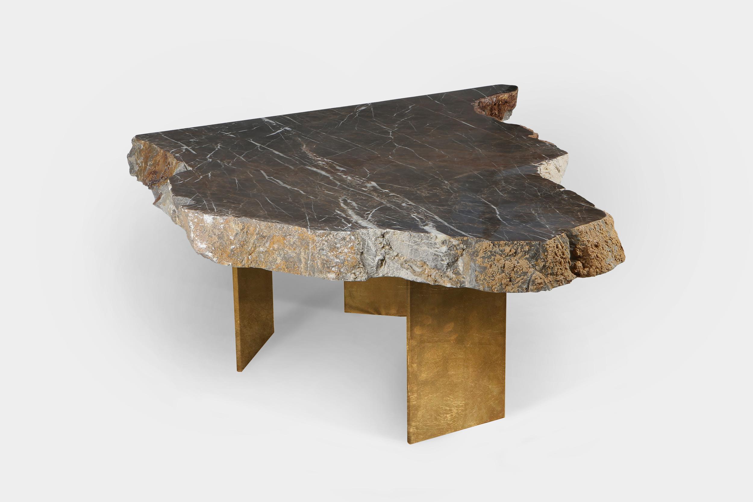 Found I coffee table No.1 by A Space
Dimensions: D 64 x W 69 x H 43 cm
Materials: Marble, steel, gold leaf.

FOUND I collection centers around the power of the medium to dictate the final form that art objects take. Each piece of marble was
