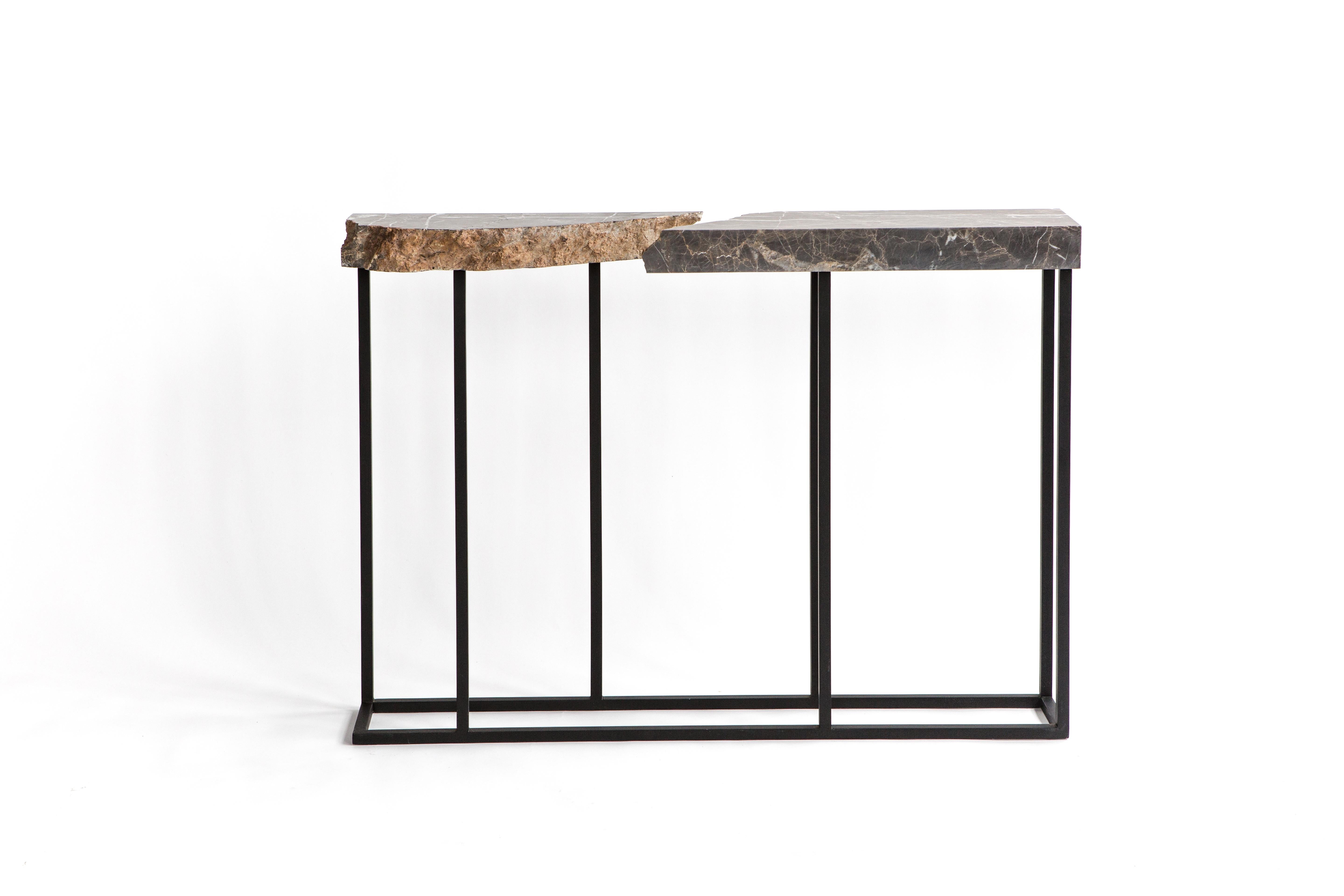Found I console table No.1 by A Space
Dimensions: D 122 x W 20 x H 102 cm
Materials: Marble, steel.

FOUND I collection centers around the power of the medium to dictate the final form that art objects take. Each piece of marble was hand-picked