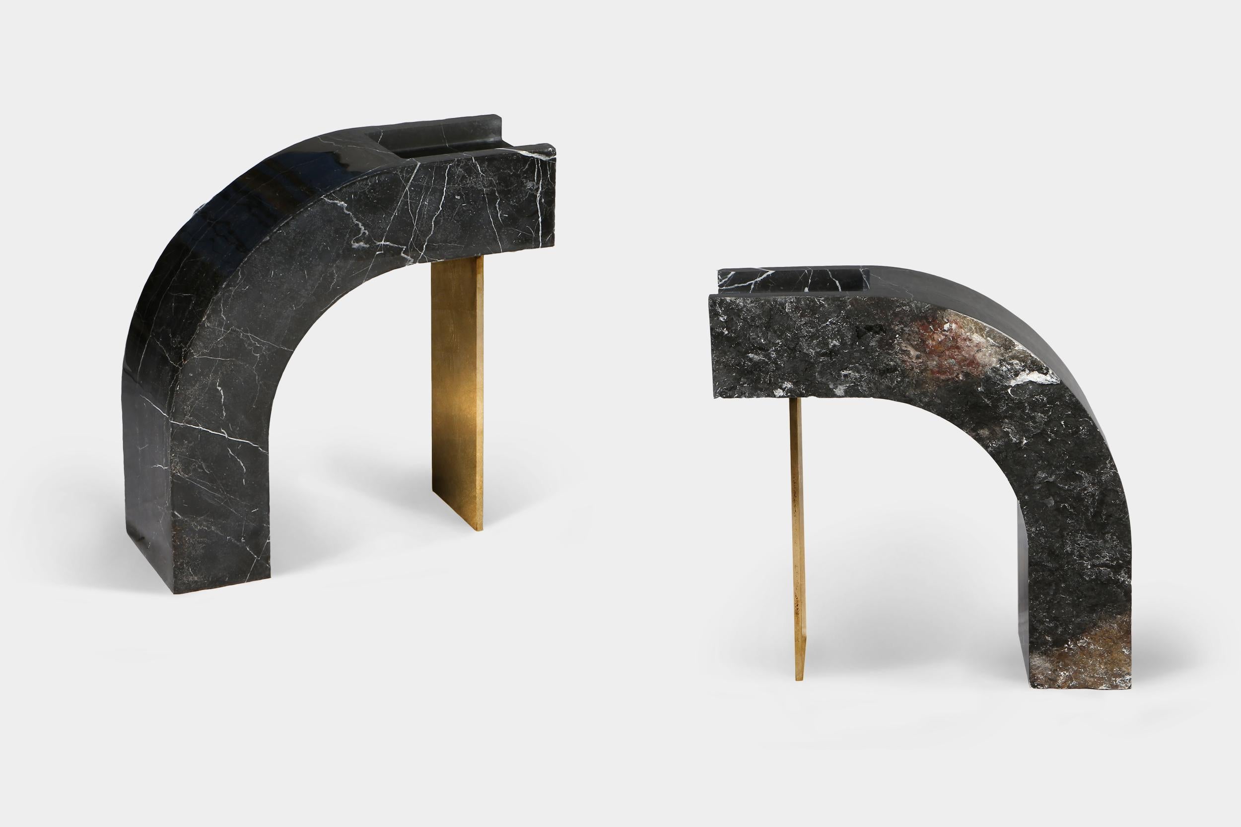 Metalwork Sculptural Black Marble Gold Leaf Side Table  For Sale