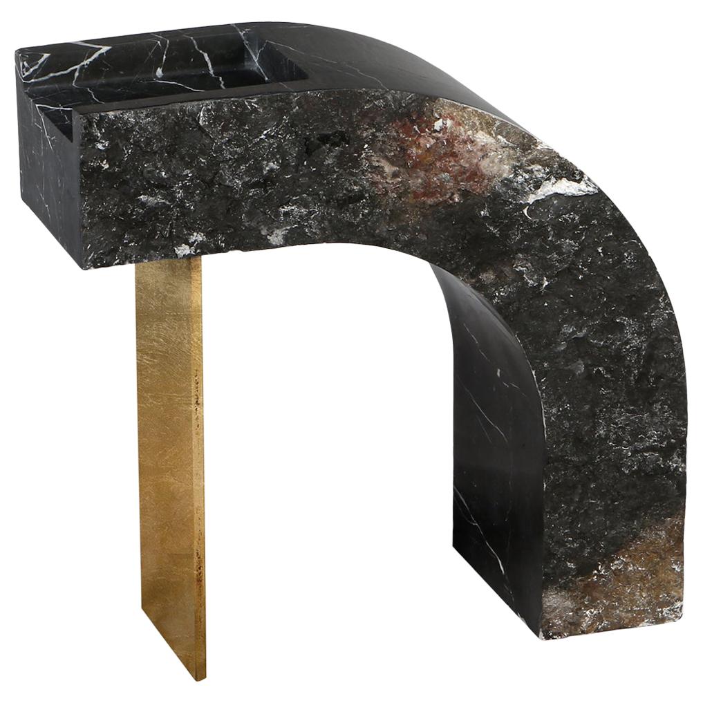 Sculptural Black Marble Gold Leaf Side Table  For Sale