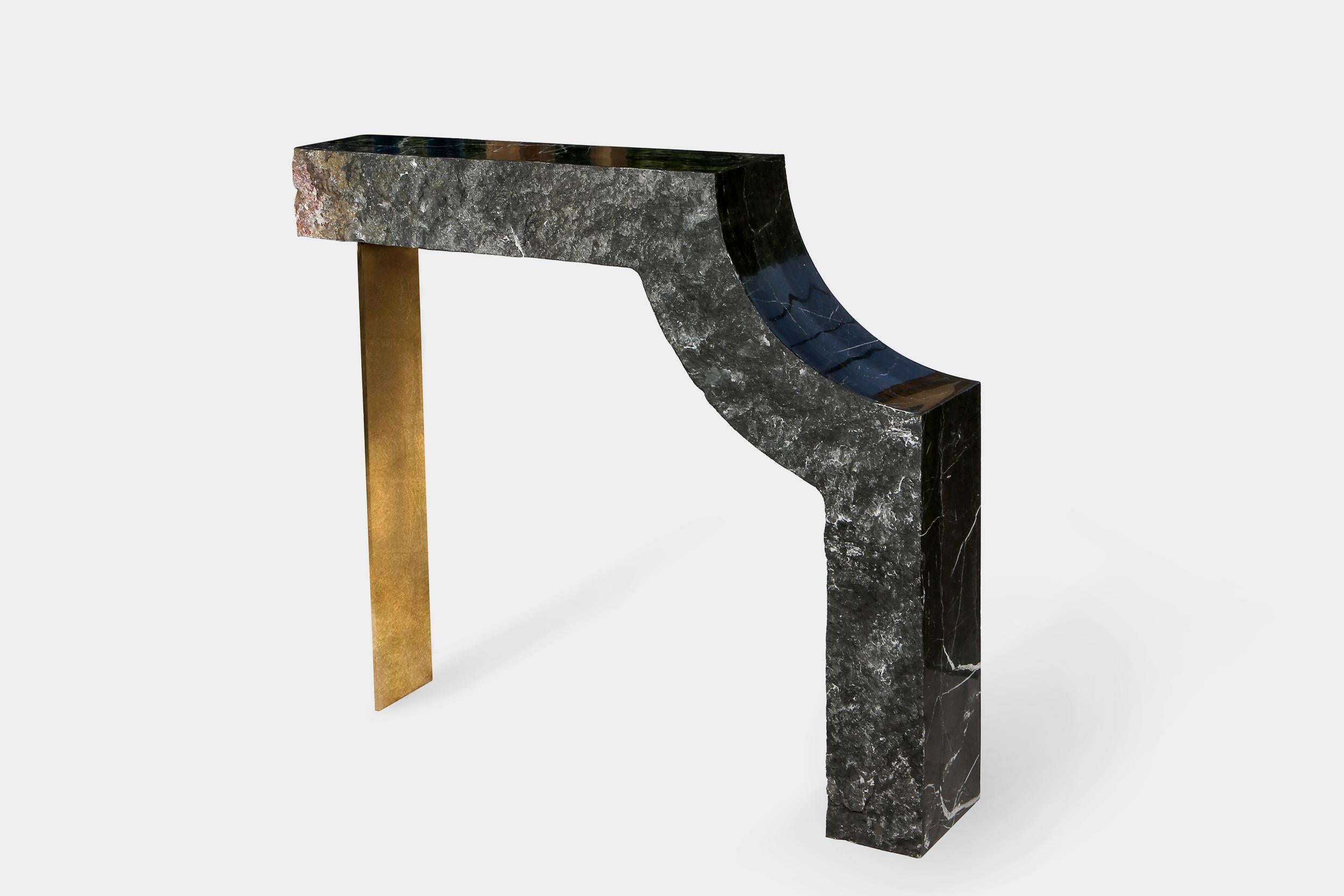 Found II Console Table No.1 by A Space
Dimensions: D 94 x W 25 x H 84cm
Materials: Marble, steel, gold leaf.

Spontaneity, environmental awareness and the primeval nature of the materials are central themes explored in this collection, which