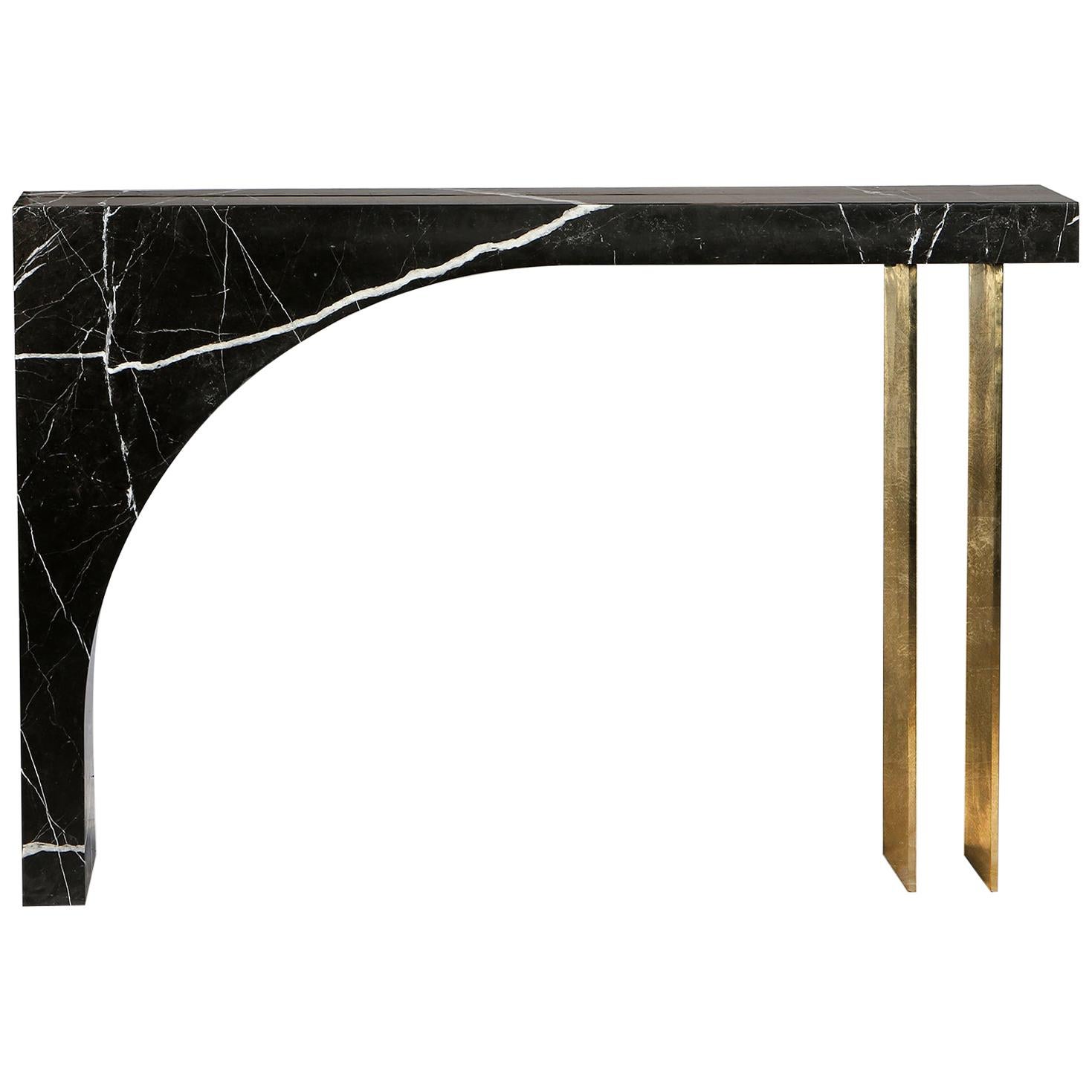 Geometric Sculptural Console Table in Black Marble and Gold Leaf