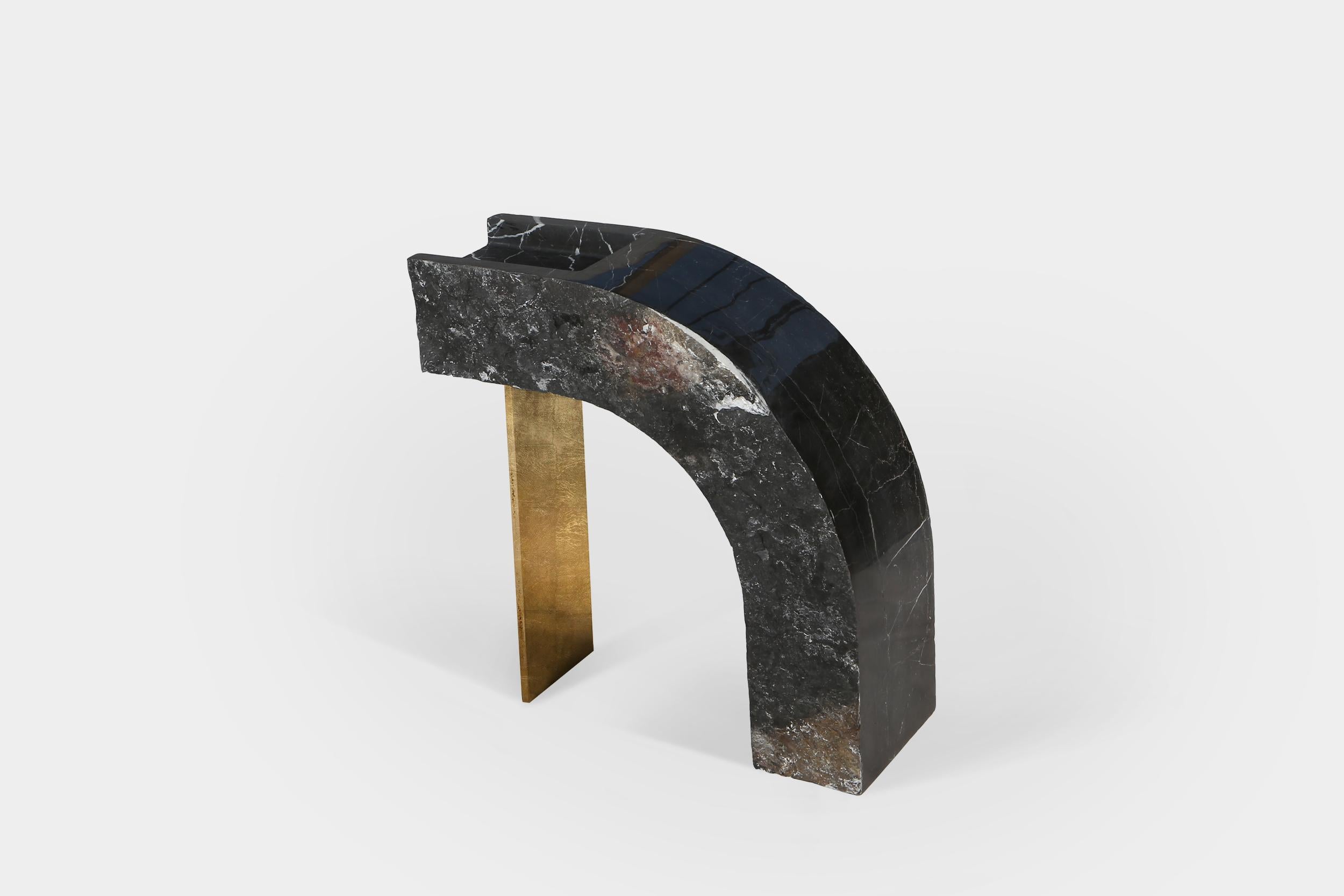 Found II side table No.6 by A Space
Dimensions: D 48 x W 25 x H 51cm
Materials: Marble, steel, gold leaf.

Spontaneity, environmental awareness and the primeval nature of the materials are central themes explored in this collection, which