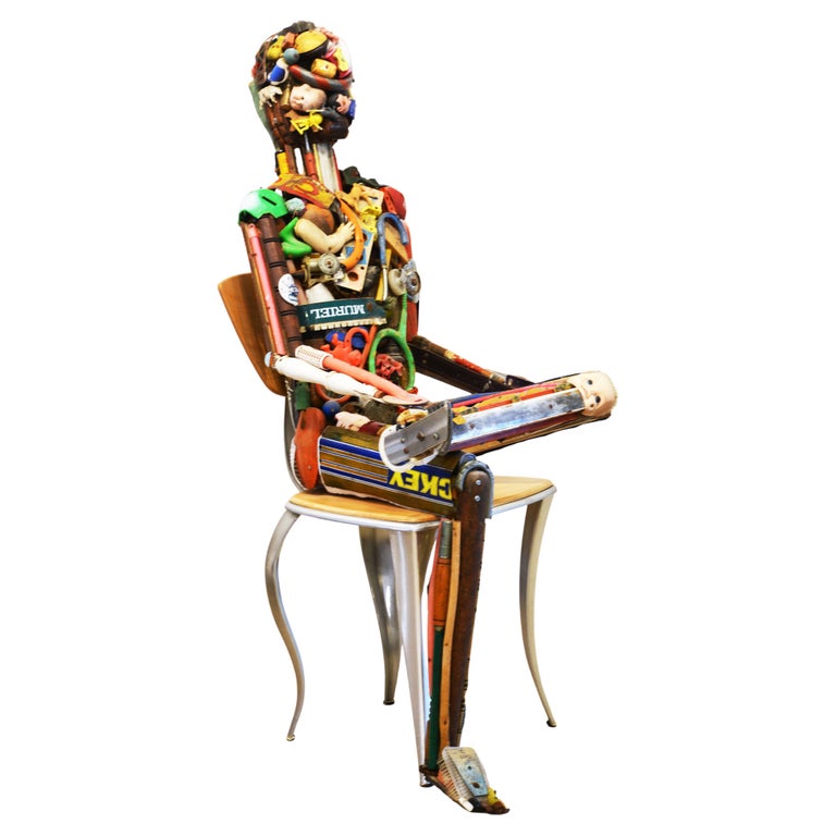 Found Objects Assemblage Life Size Sculpture of Sitting Male Nude by