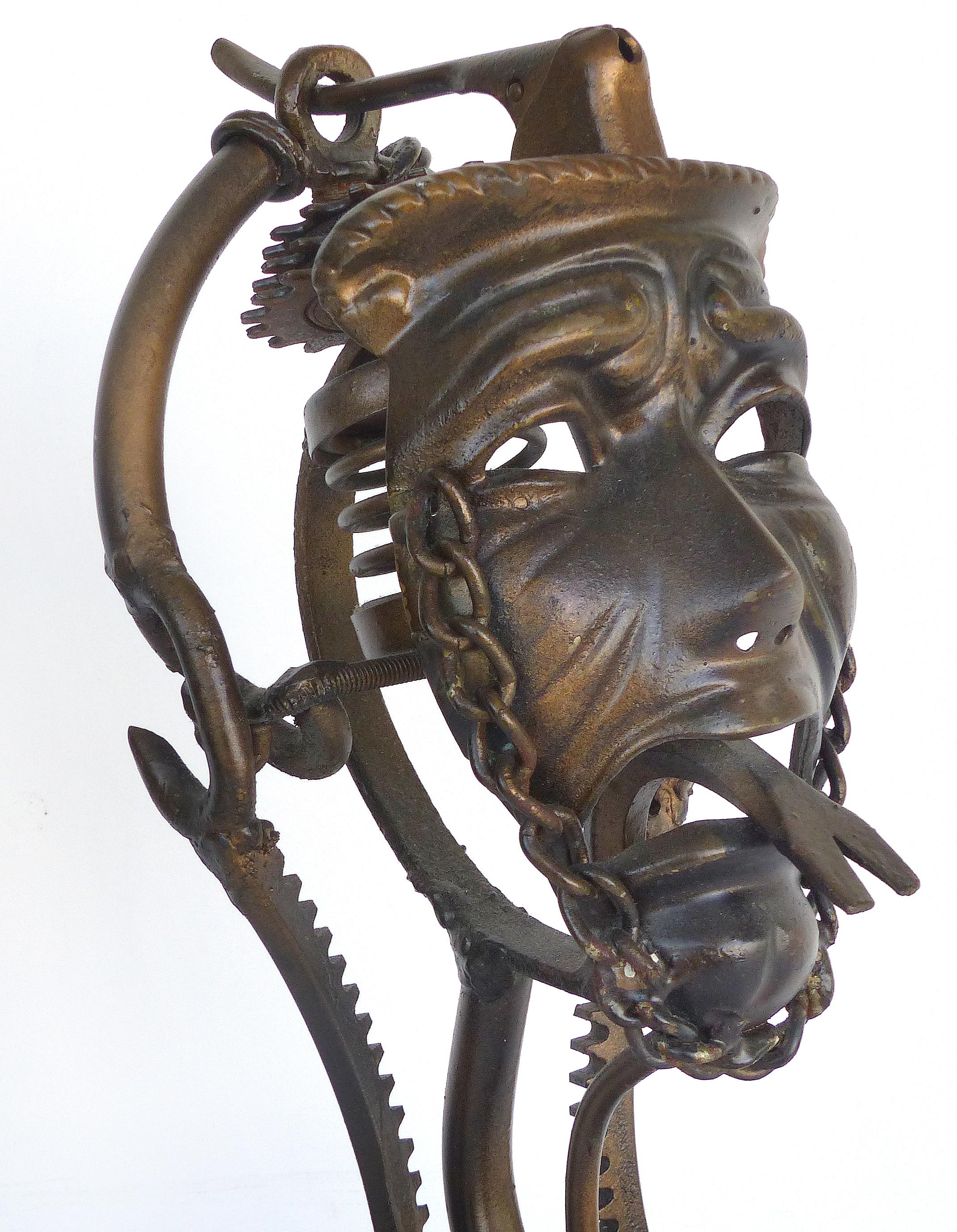 Iron Found Objects Sculptures of Comedy and Tragedy Theater Masks by Dewey Smith