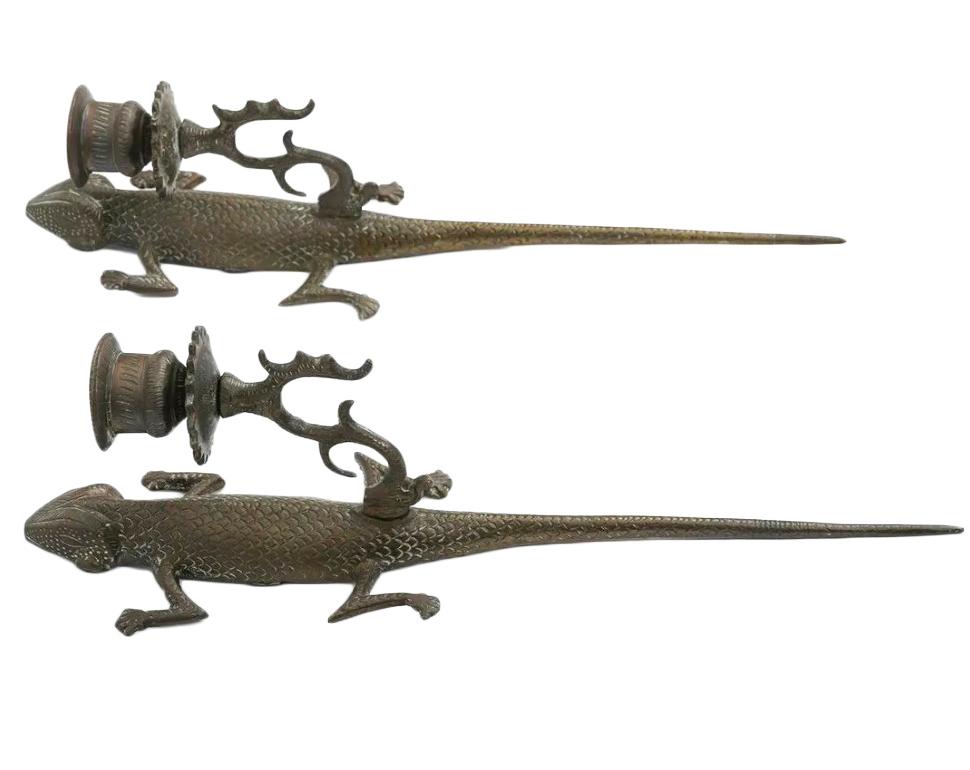 Found Pair of Etched Brass Lizard Candlesconces In Good Condition For Sale In Scottsdale, AZ