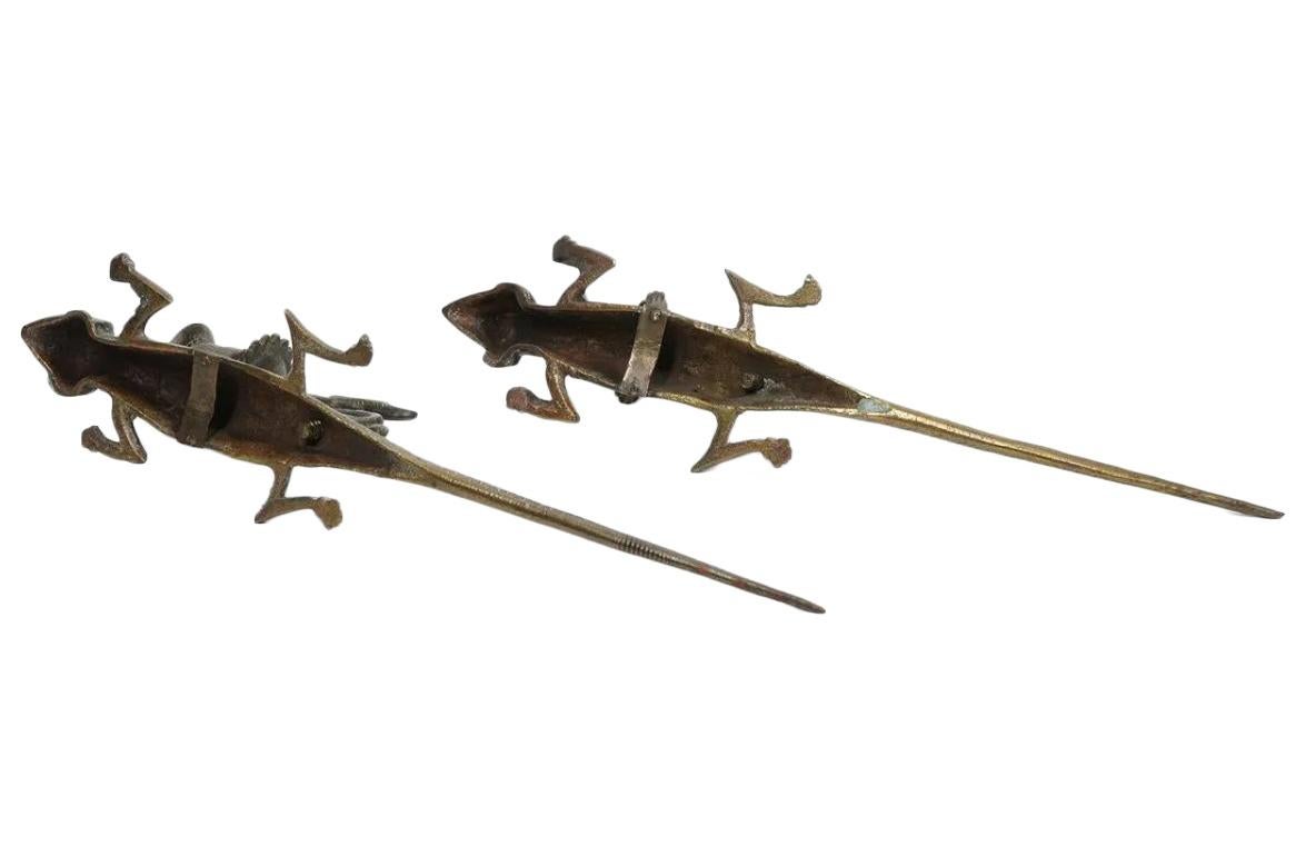 20th Century Found Pair of Etched Brass Lizard Candlesconces For Sale