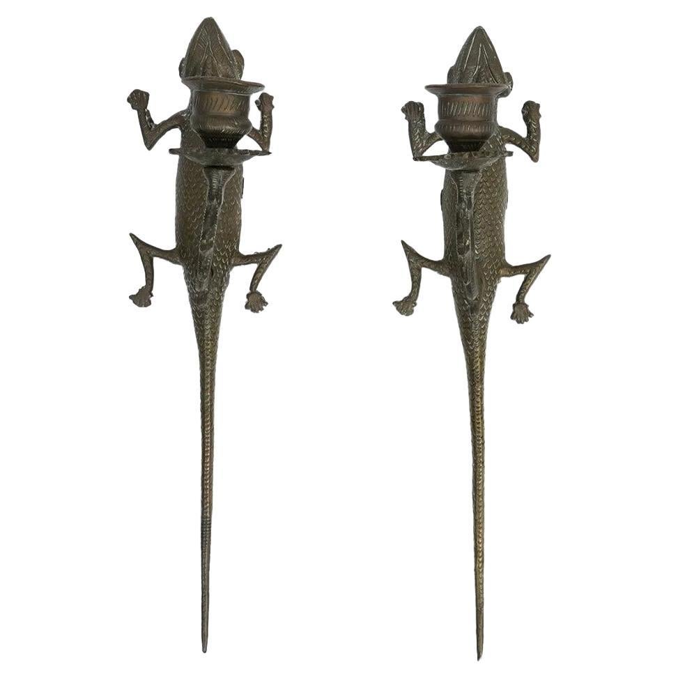 Found Pair of Etched Brass Lizard Candlesconces For Sale