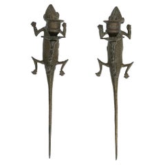 Retro Found Pair of Etched Brass Lizard Candlesconces