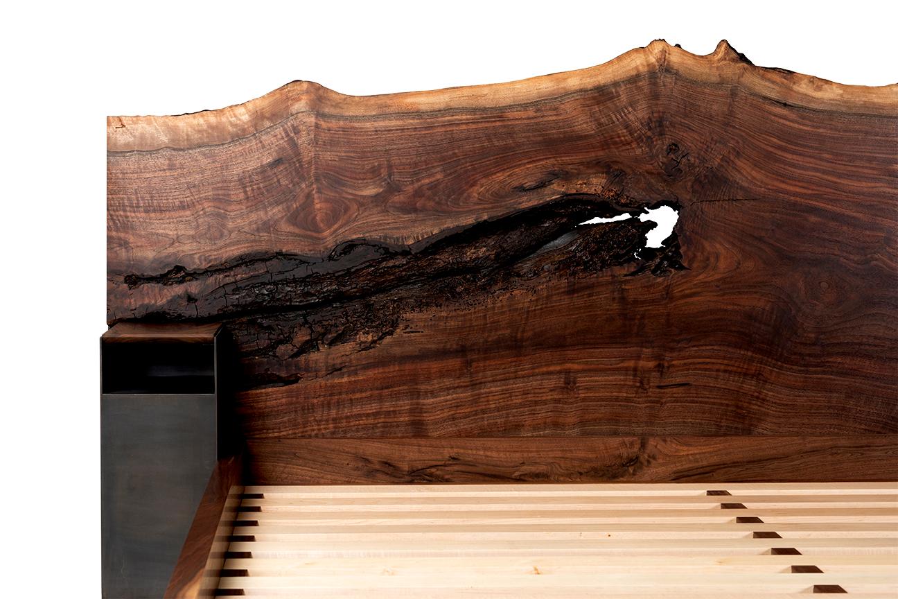 The Foundation Bed by Taylor Donsker is designed in such a way that it can be placed against a wall or freestanding in the center of a room to be admired from all angles.  Featuring a gorgeous, hand selected horizontal slab of California Walnut, a