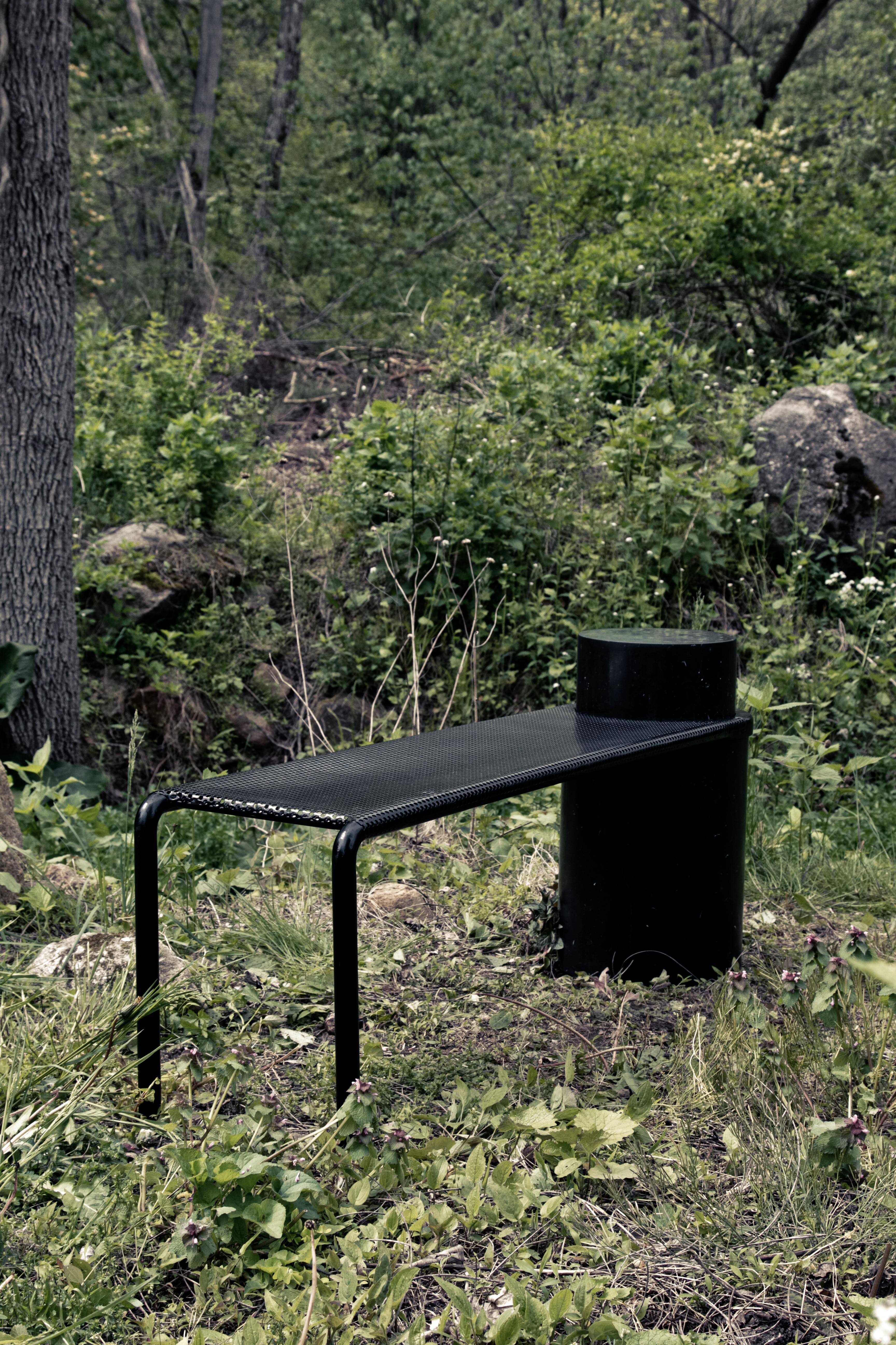 Foundation Bench Black Marquina Marble and Powder-Coated Black Metal Seat For Sale 1