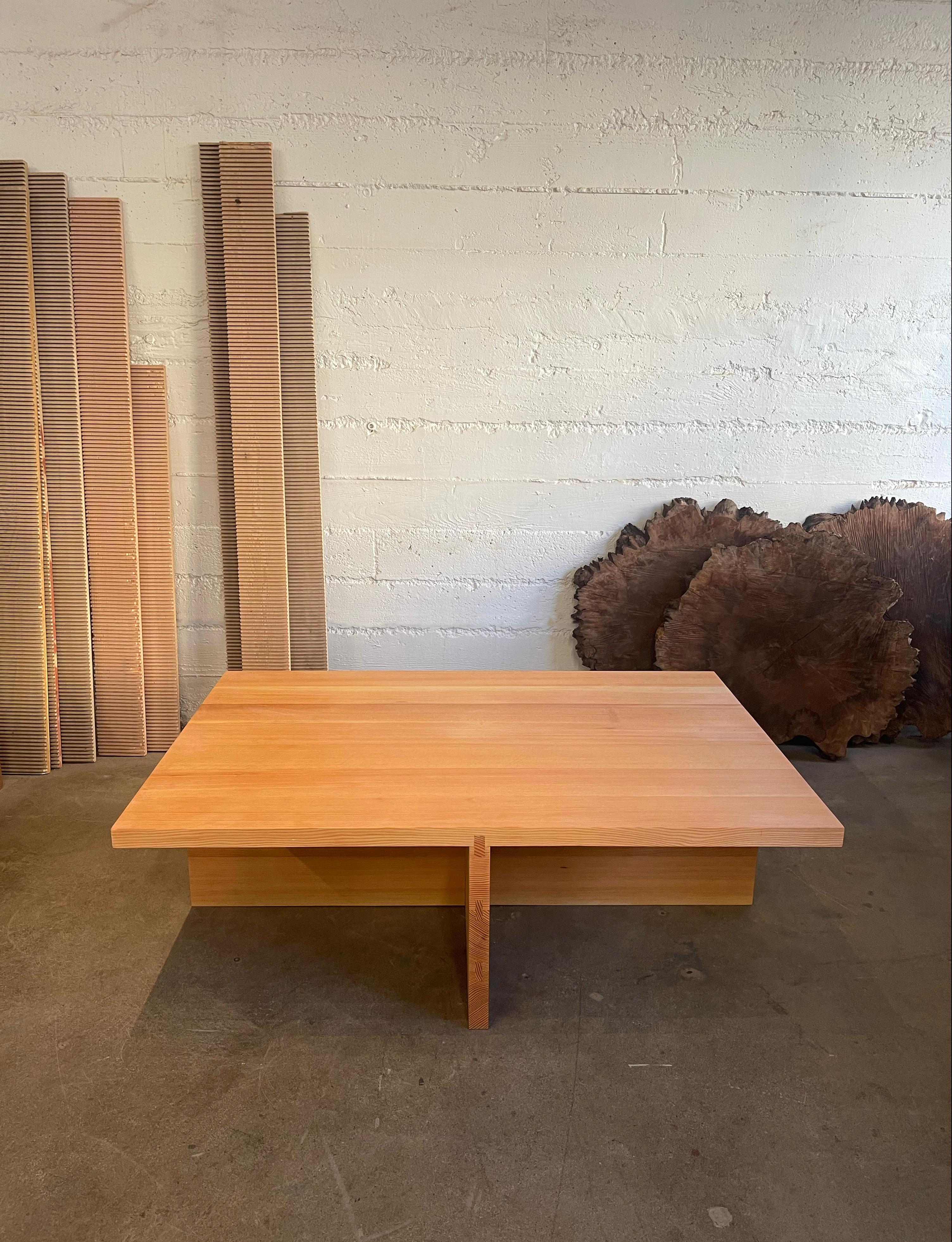 Material's Foundation Coffee Table is handmade from thick planks of solid clear fir sustainably and locally sourced from the Pacific Northwest. Each plank is fully joined with a solid spline, a detail that provides both strength and subtle visual