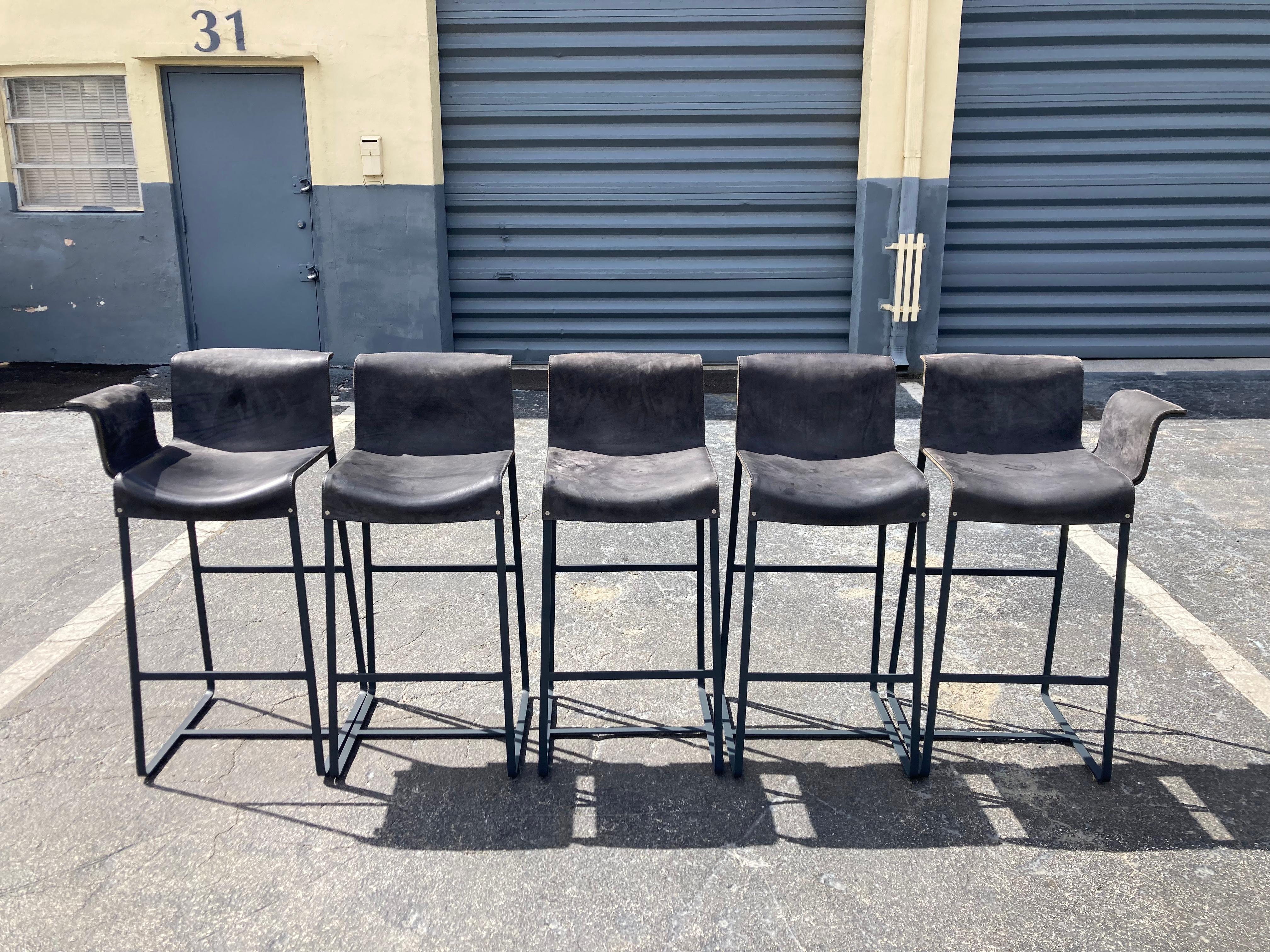 Tabouret de bar fondé par Richard Schipper pour Qliv, cuir de selle, acier en vente 3