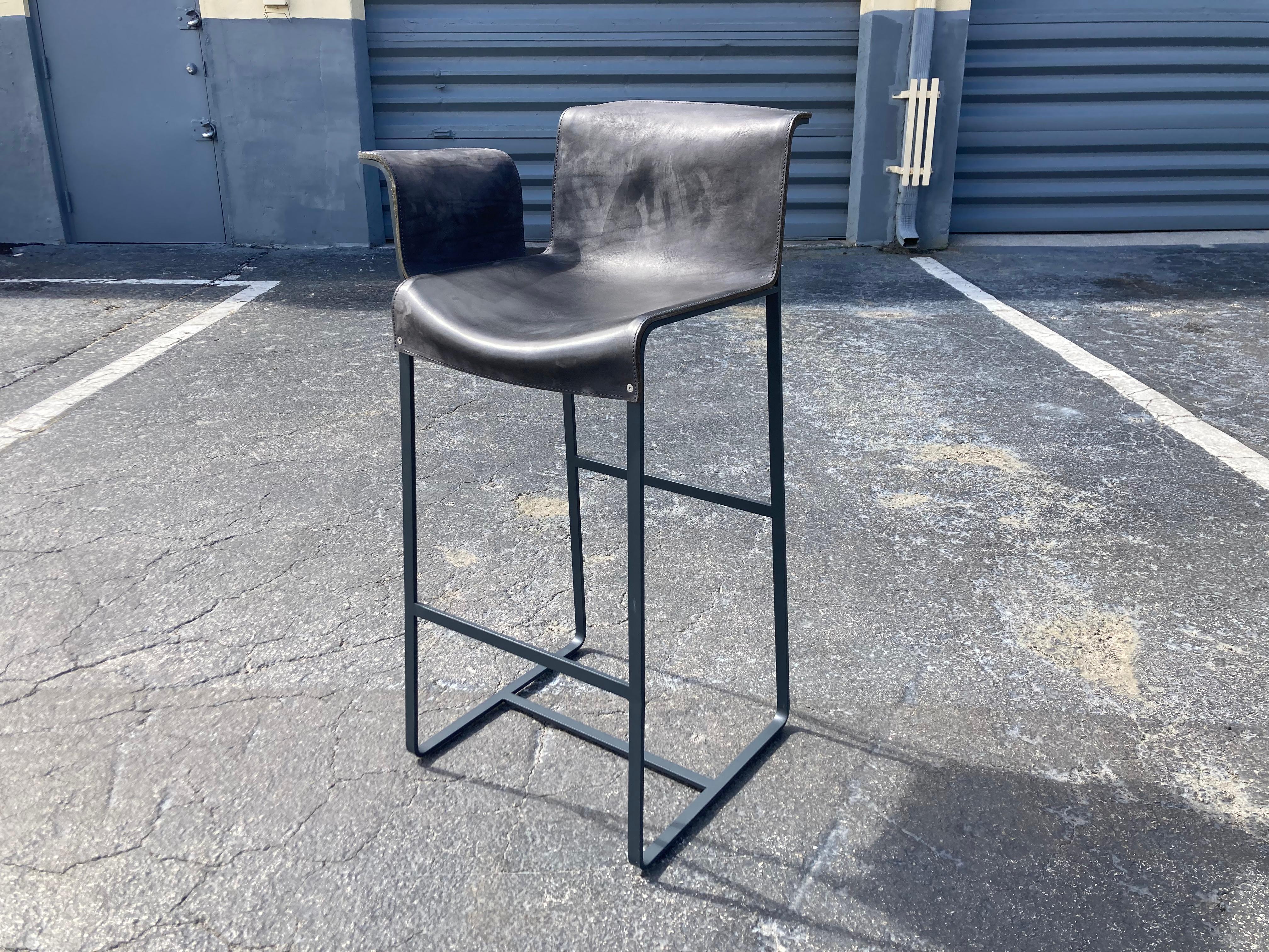 Founded Bar Stool, Design by Richard Schipper for Qliv, Saddle Leather, Steel For Sale 8