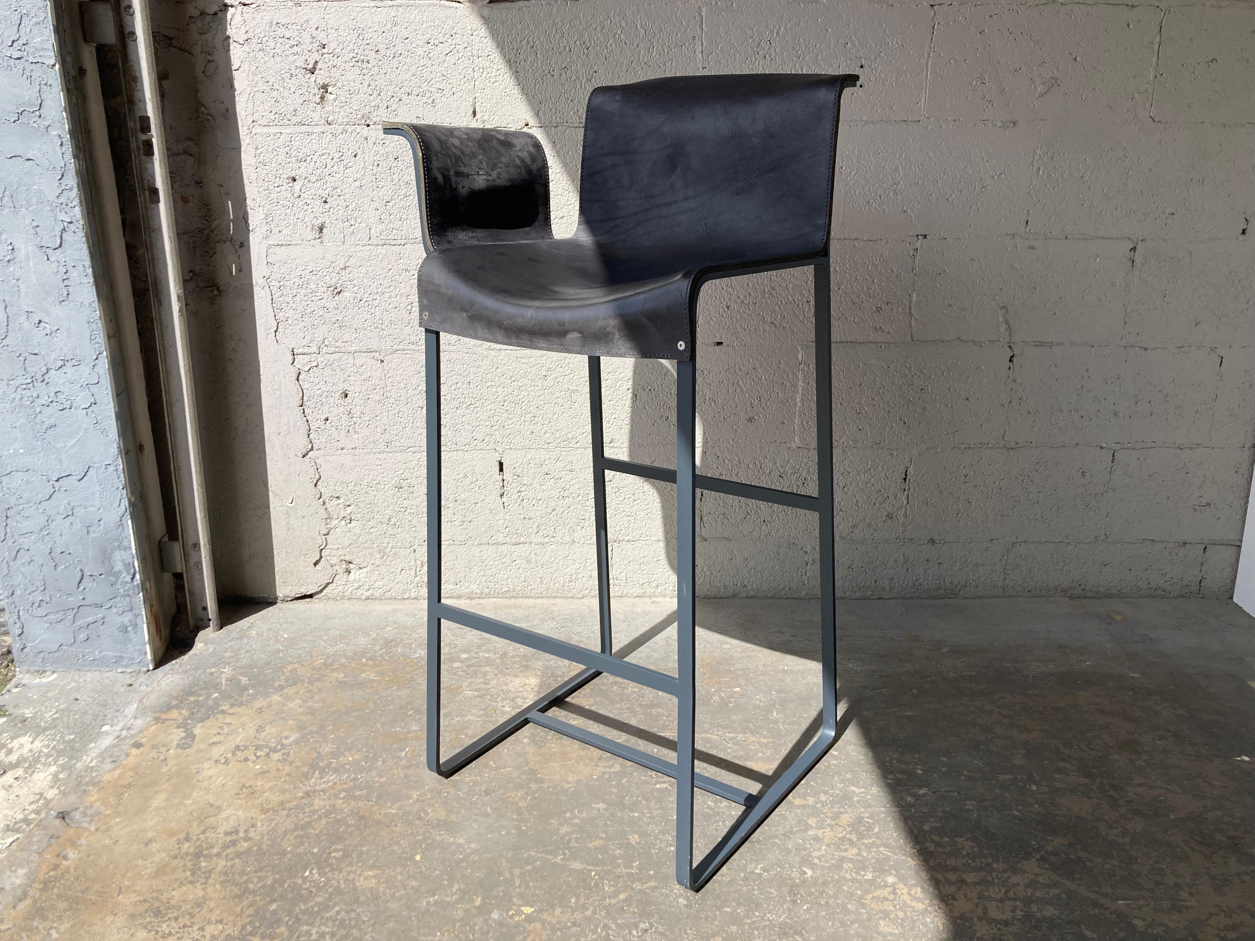 Founded Bar Stool, Design by Richard Schipper for Qliv, Saddle Leather, Steel For Sale 14