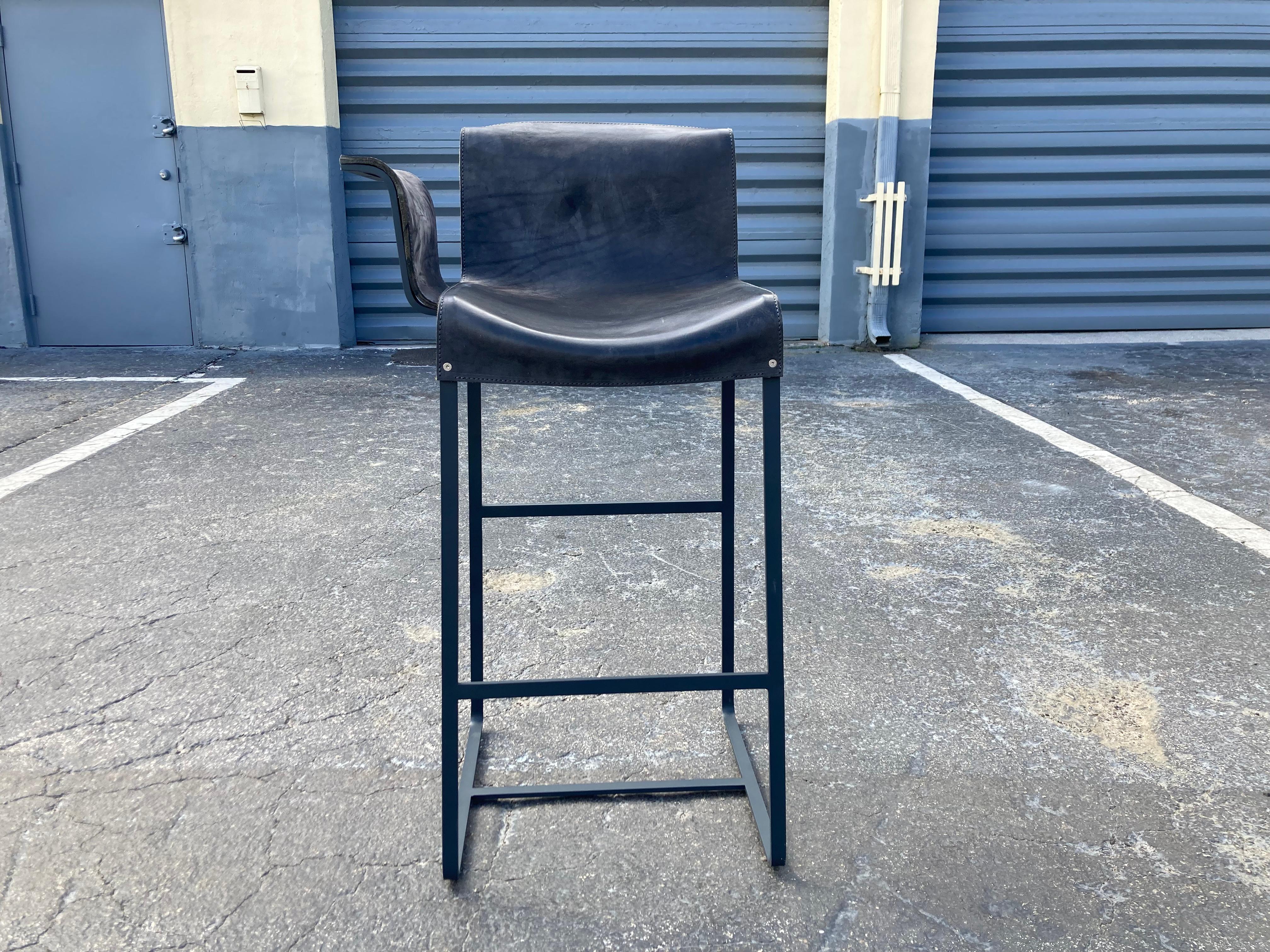 Dutch Founded Bar Stool, Design by Richard Schipper for Qliv, Saddle Leather, Steel For Sale