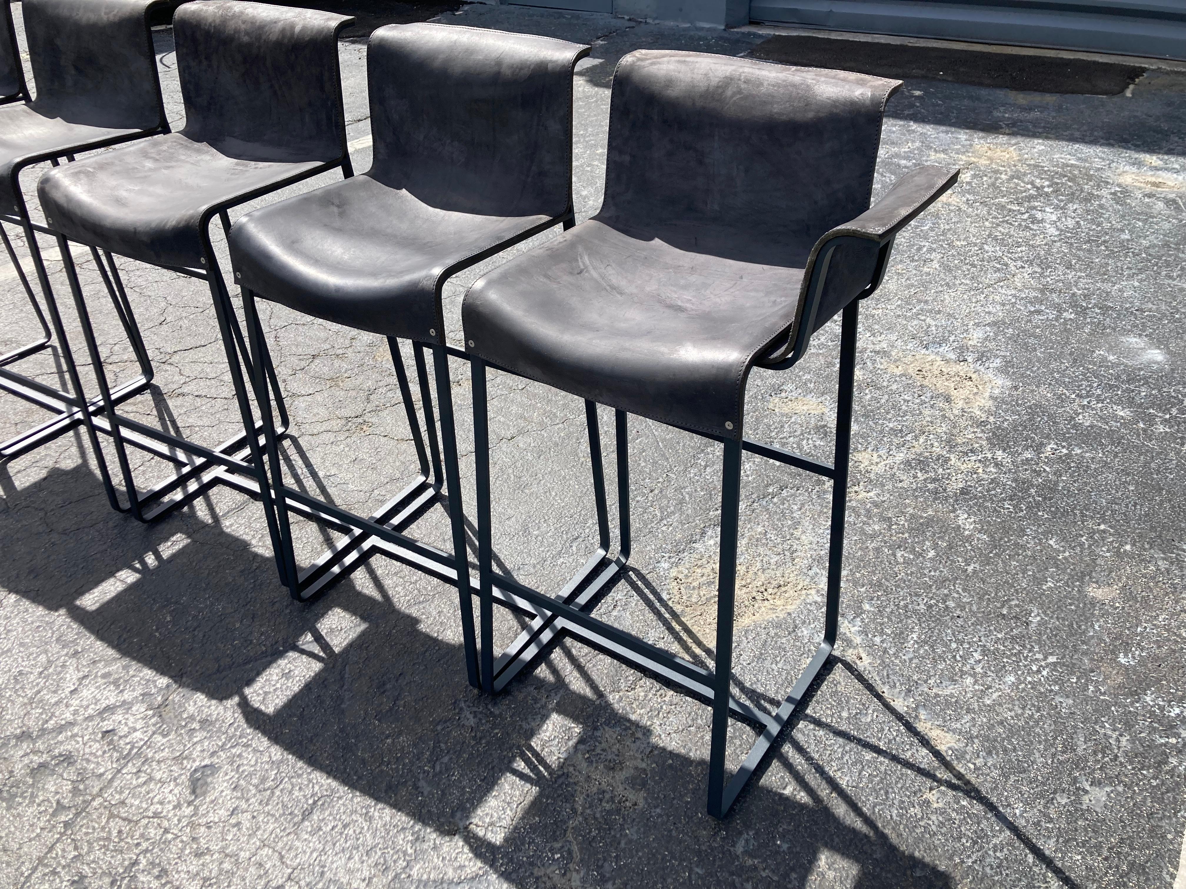 Founded Bar Stools, Design by Richard Schipper for Qliv, Saddle Leather, Steel For Sale 11