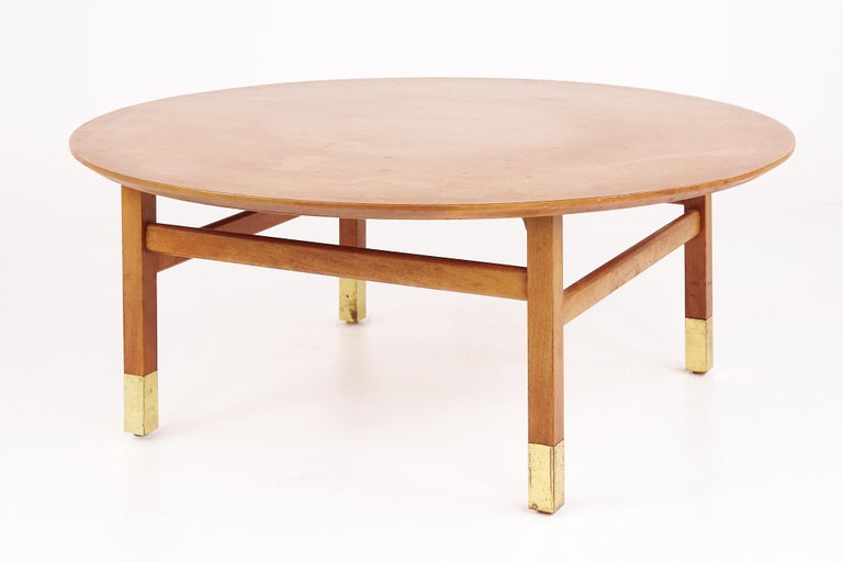 Mid-Century Modern Founders Furniture Company Mid Century Walnut and Brass Round Coffee Table For Sale