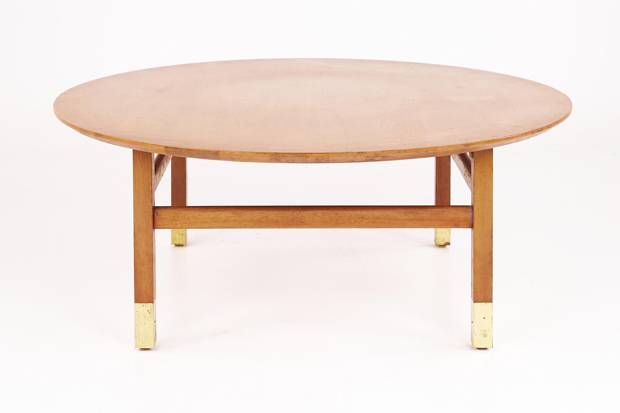 American Founders Furniture Company Mid Century Walnut and Brass Round Coffee Table For Sale