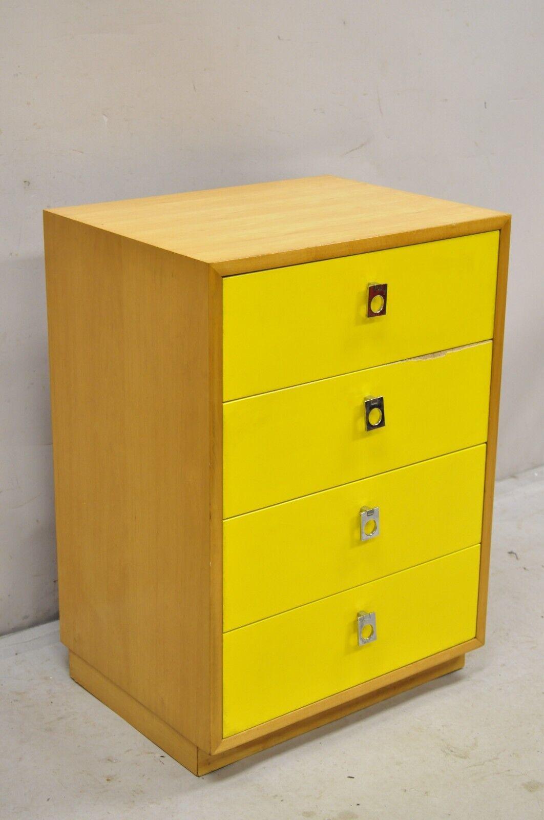 Founders Jack Cartwright Mid Century Modern Yellow Nightstand Chest Maple Chrome. Item features the original label and serial number, 4 dovetailed drawers, beautiful maple wood veneer, Chrome hardware, Clean modernist lines. Circa Mid 20th Century.