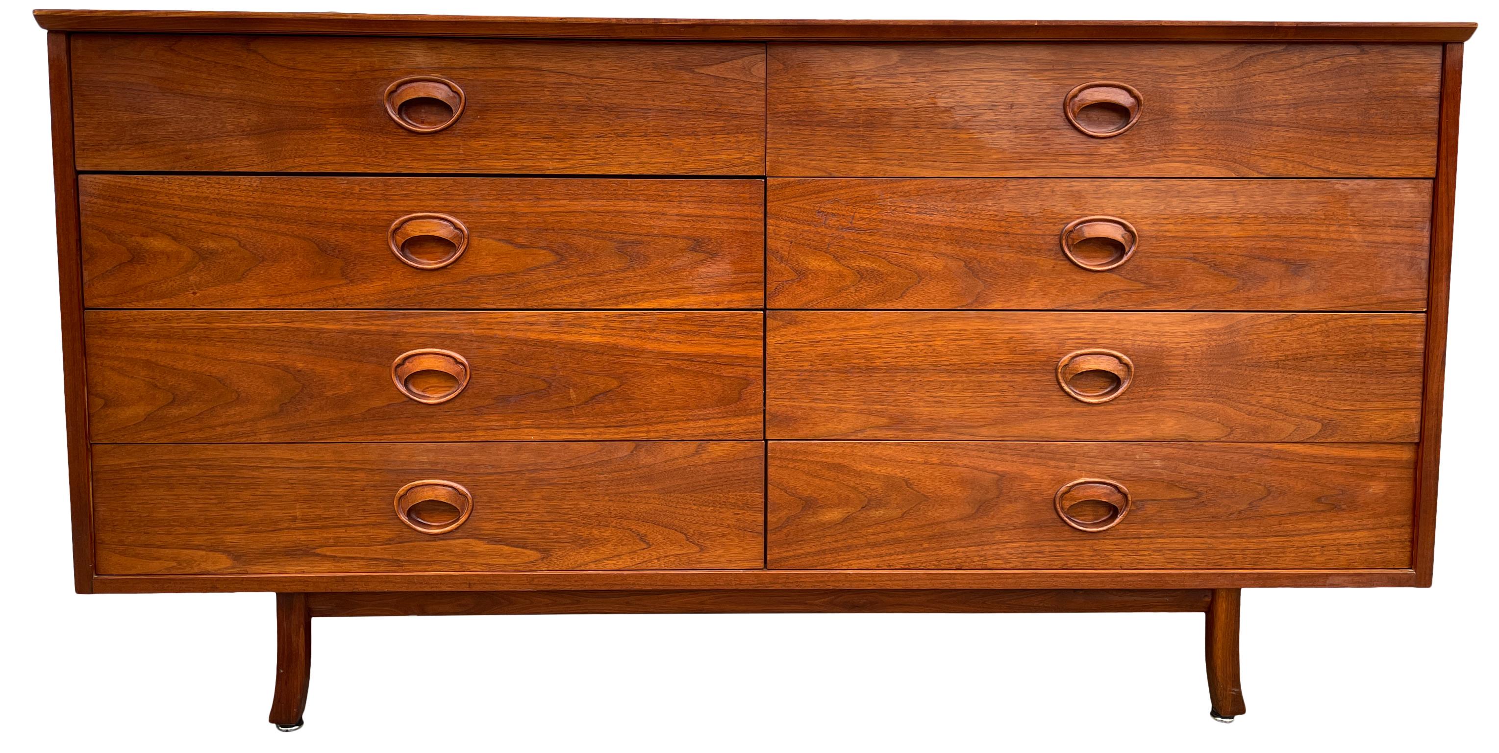 Founders Mid-Century Walnut 8-Drawer Dresser Credenza Carved Handles
