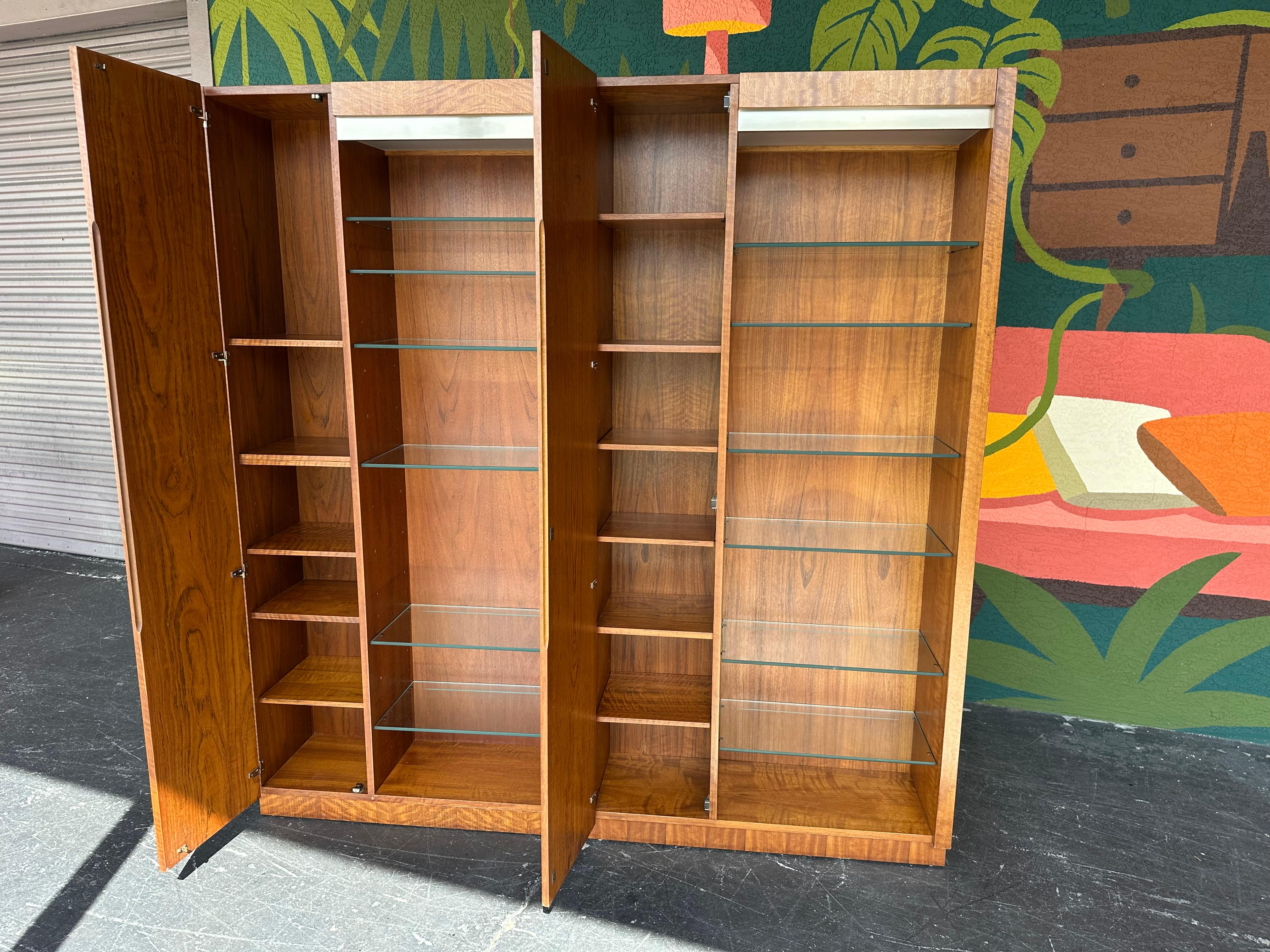 Mid-Century Modern Founders Mid Century Walnut and Glass Display Cabinets Pair For Sale