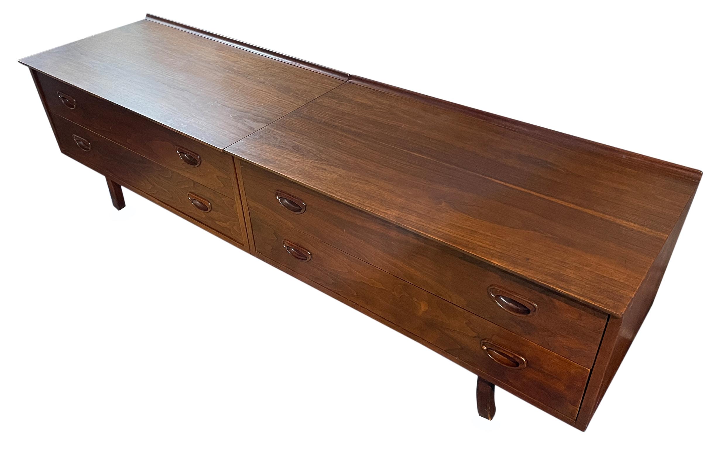 Mid-Century Modern Founders Mid-Century Walnut Low 4 Drawer Dresser Credenza Carved Handles