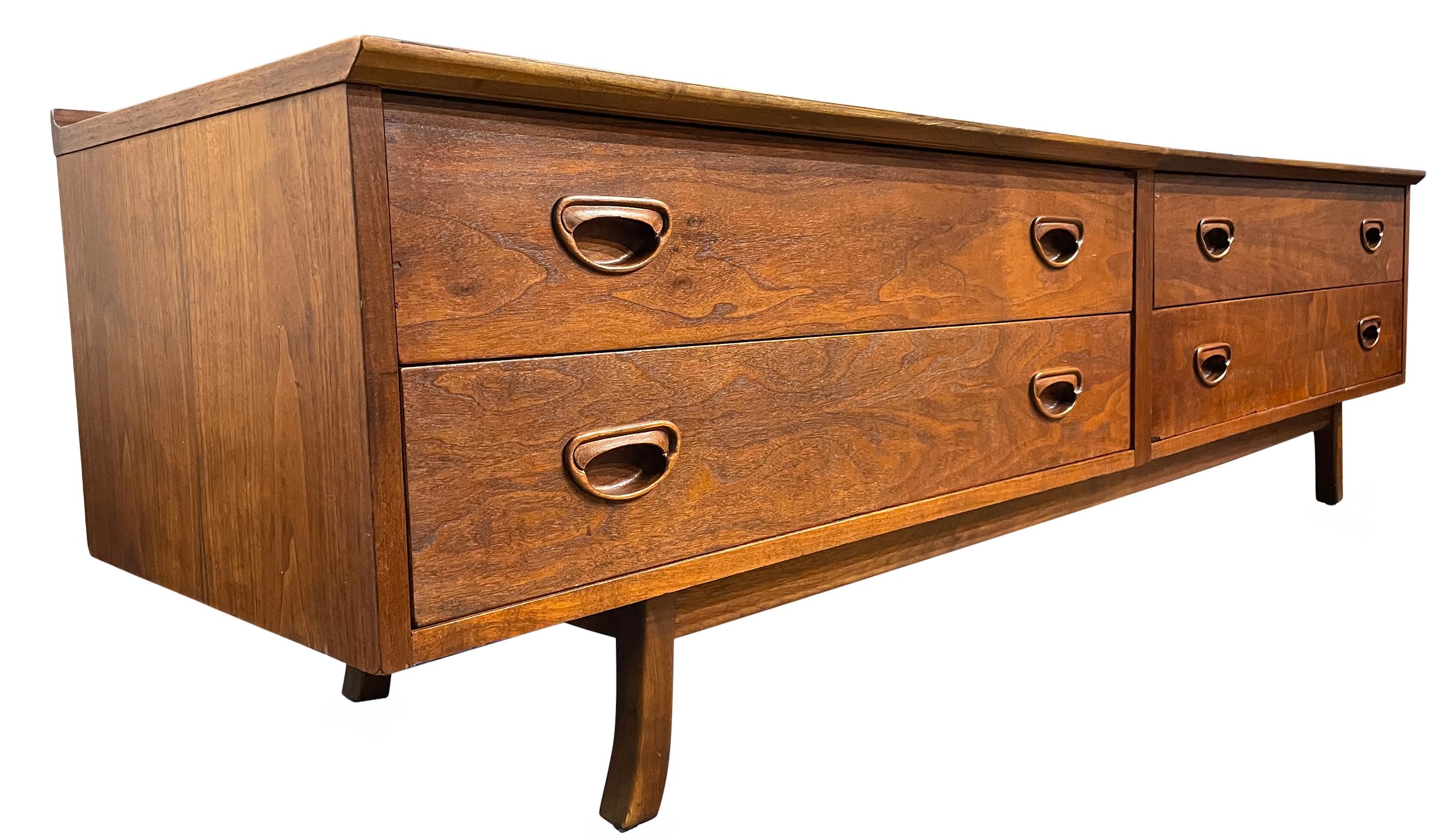 Woodwork Founders Mid-Century Walnut Low 4 Drawer Dresser Credenza Carved Handles