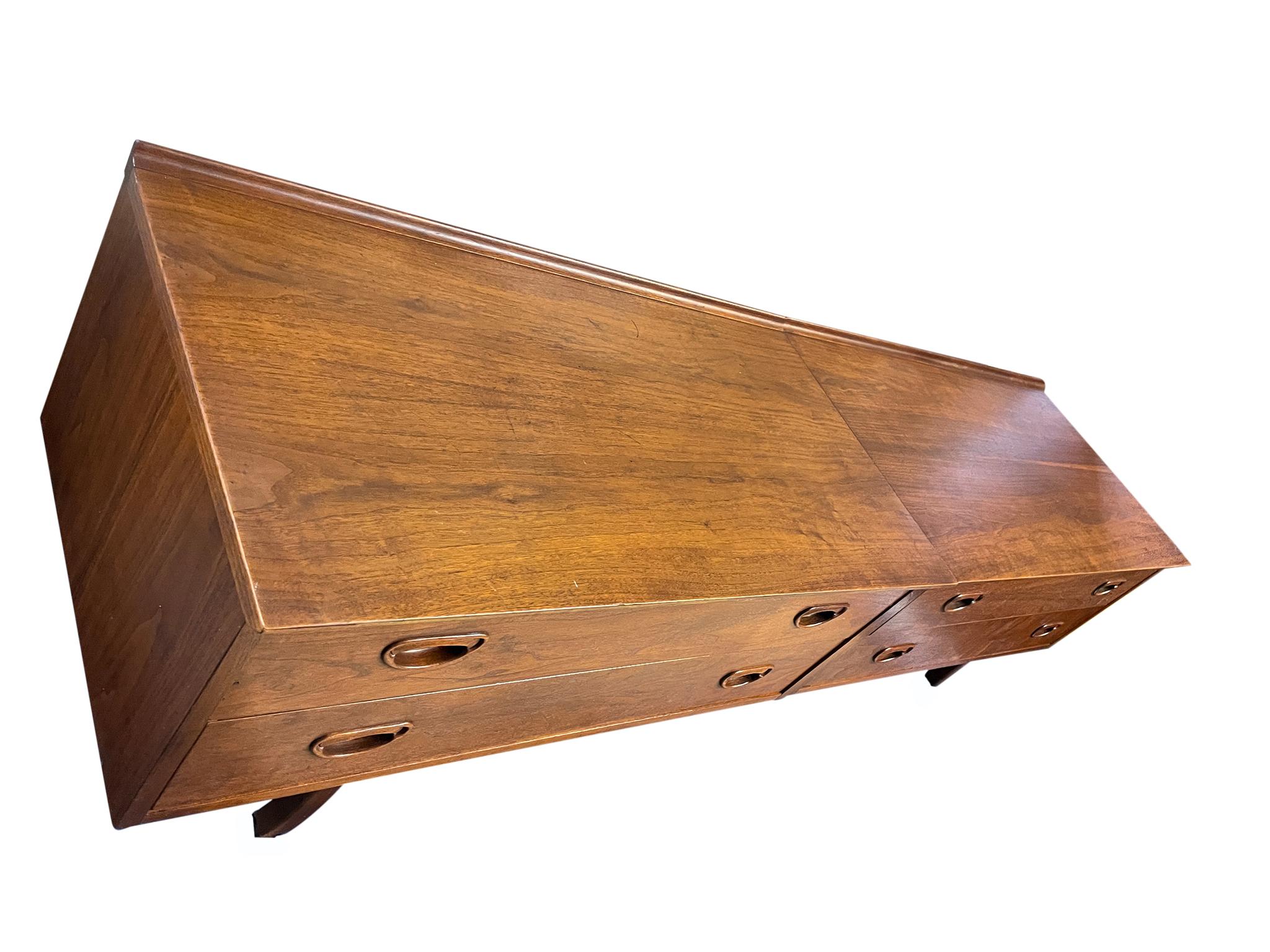 Founders Mid-Century Walnut Low 4 Drawer Dresser Credenza Carved Handles 1
