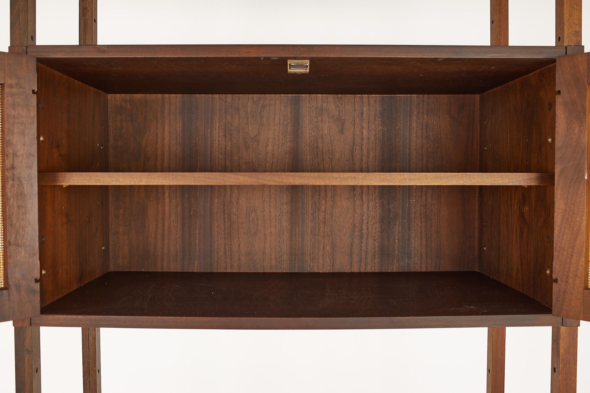 Late 20th Century Founders Style MCM Walnut Cane Front Freestanding Wall Unit Section Bookcase
