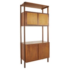 Founders Style MCM Walnut Cane Front Freestanding Wall Unit Section Bookcase